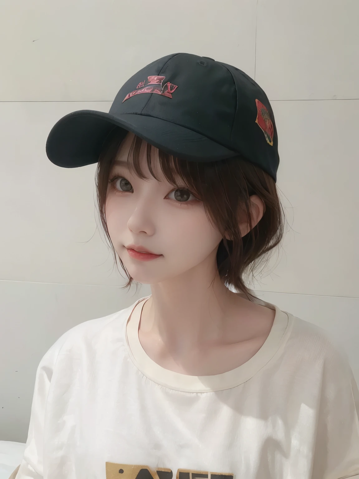 Best image quality、original photo、ultra high resolution、21 years old Korean、small breasts、dynamic angle、Cowboy shooting、The most beautiful form of chaos、elegant、Innovative design、bright colors、,light brown short hair、disheveled hair、light brown eyes 、black baseball cap(Facial expressionSmile)、short bob、Smile、Fair and shiny skin、beautiful eyes,random colors、The details are very beautiful、thin lips、Delicate and beautiful eyes、elongated eyes、Pale pink cheeks、long eyelashes、beautiful double eyelids、eye shadow、he、White Large T-shirt Sweatshirt、baggy pants、Shot from the side、sexy pose、enlarge