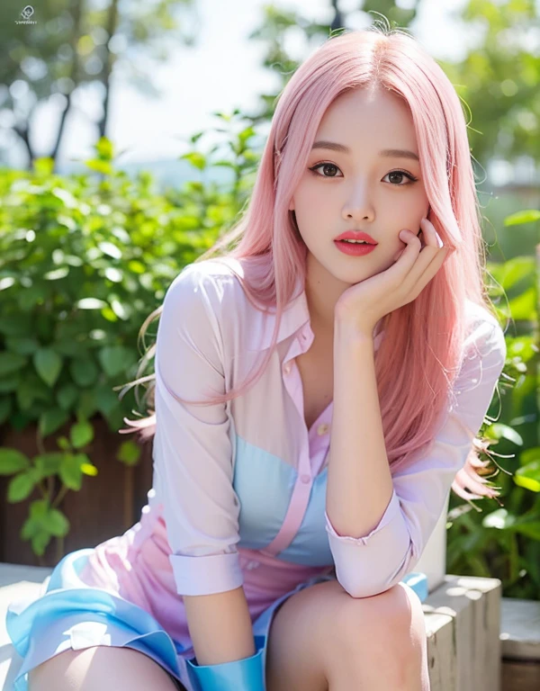 1 girl, Korean models, extremely beautiful, cơ thể perfect. Photo taken with Canon EOS R5 85mm f/11, Capture mode ((high solution)) people and surrounding scenery. Photo quality ((8k)), ((lifelike)), ((masterpiece)), ((high solution và tương phản cao nhất)), ((large depth of field)), ((stereoscopic light)). ((Pink hair)), long and smooth, The wind blows your hair beautifully under the bright sunlight. Beautiful face, perfect và gợi cảm, nice, cân đối perfect, ((Beautiful down to every detail)), ((shiny)), ((trang điểm high-end cosmetics)), ((bright, radiant)). Nụ cười radiant, răng trắng tinh and details. Đôi môi đỏ bóng charming, ((Bright glossy red lipstick)). Brown eyes, shiny wet, charming, ((trang điểm high solution)), true, ((wet eyes)) and details. Pink eyeshadow, long eyelashes, blush, high-end cosmetics. Two delicate eyelids, đẹp perfect and details, black eyelashes. Arched eyebrows, sir, high solution and details. Mũi cao and details. Gò má nổi bật and details. ((Ivory white skin, bright white)), Detailed pores, ((shiny skin)), smooth and supple skin texture, rosy and flawless. Leggy, shiny. Beautiful hands, perfect, ((no error)). ((The light shines directly on the face)), bright sunlight, ((shining light on the front part of the girl's body)).
Photo of a girl selling sex, invited guests, ((Very thin pink shirt)), ((blue patent leather dress)), ((red underwear)).