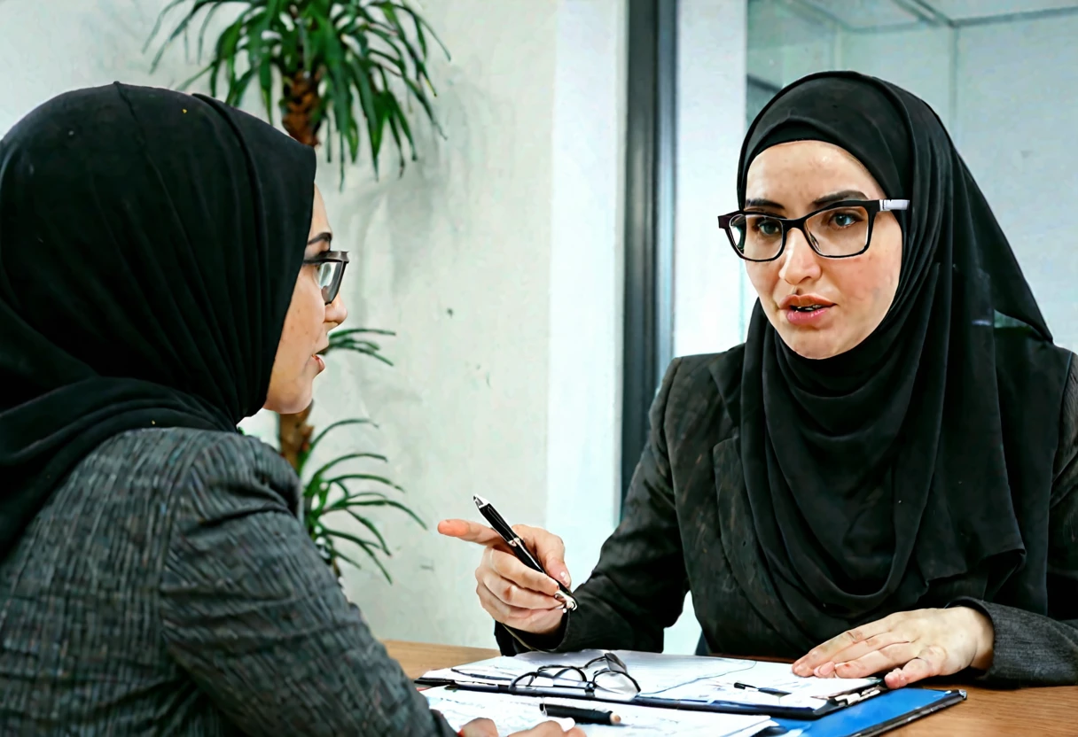 Slim fit weak Very Pale skin black eyebrows kurdish glasses woman in tight hijab talking with her Boss in office view from side 