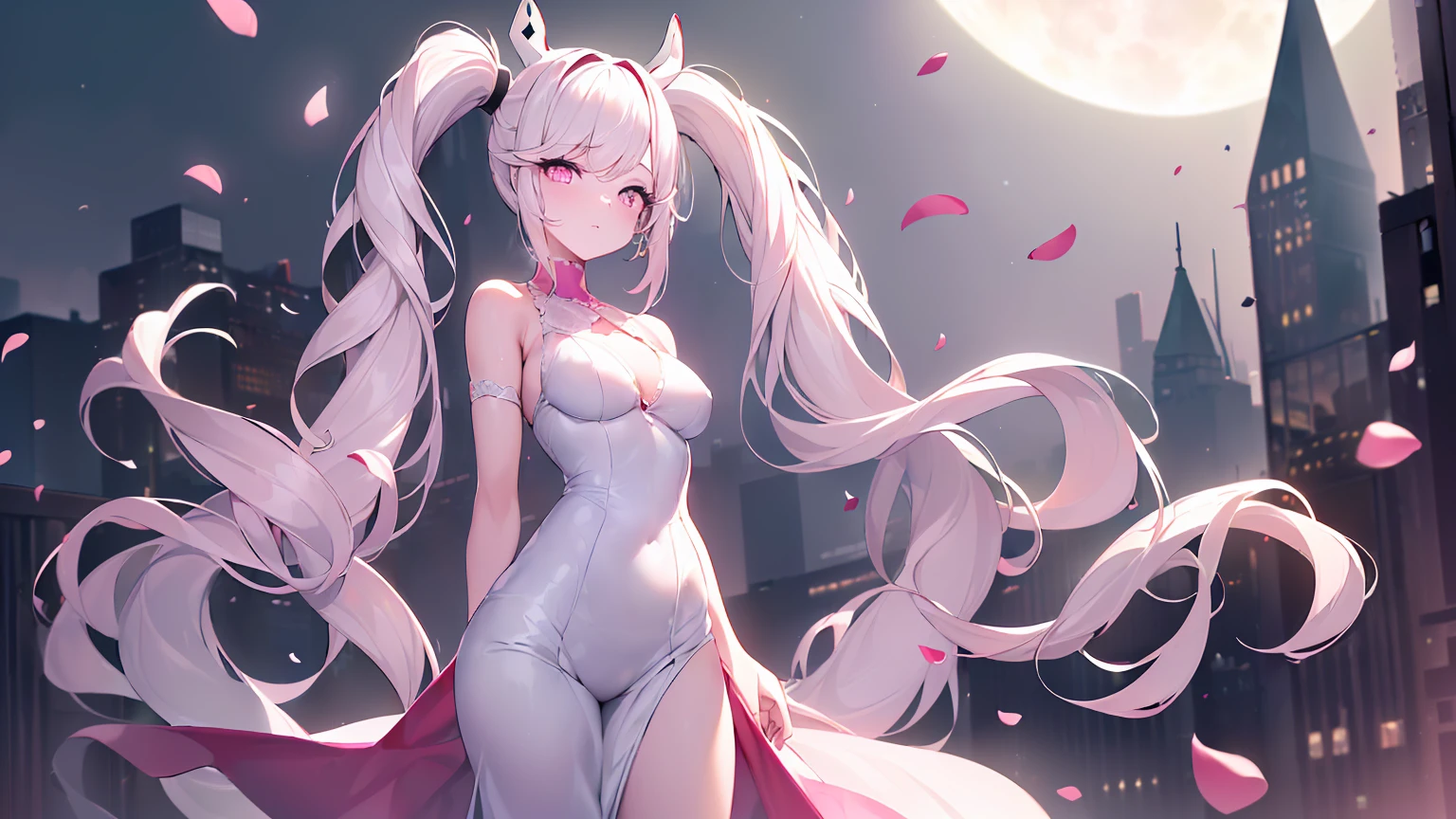 ((((Obra maestra, La mejor calidad, ultrahigh resolution)))), 1girl, standing,), ((long pure pink hair, hair over eye)), long hair cut, shiny skin, ((pink eyes)), glowing_eyes, neon eyes, (ultra detailed eyes:0.7, beautiful and detailed face, detailed eyes:0.9), ((centered)), smirk, facing viewer, ((vibrant background, dark lighting, summer, sunlight)), large chested, looking at viewer, ((half closed eyes)), ((perfect hands)), (((head:1, arms,  in view, elbows, in view))), ((hands behind back)), empty eyes, beautiful lighting, ((outside, outdoors)), defined subject, head tilt, (((gritty)), ((creepy)), ((cool)), ((beautiful)), (((SFW))), horns, hair ornament, petals in the air, moon in the sky, city, mature woman, adult woman, sfw, pink and white dress, night dress,  ears, she is a princess,  