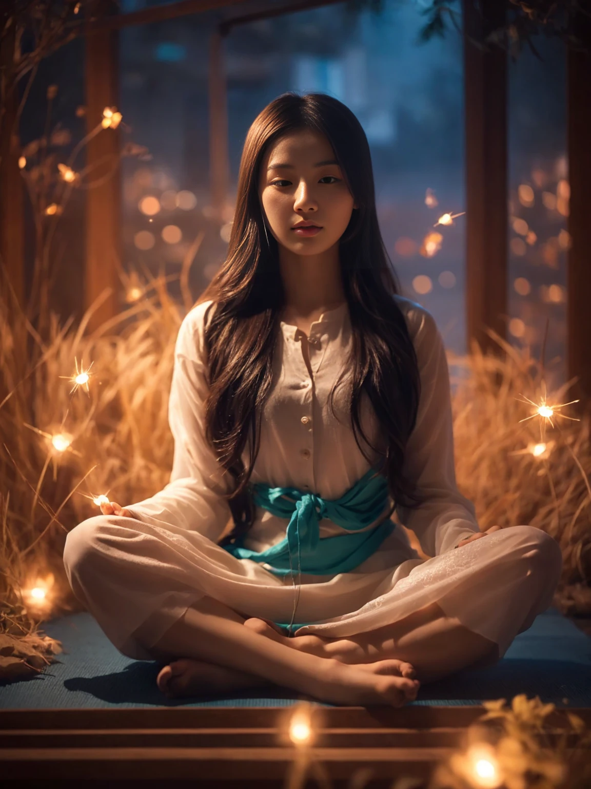 an asian girl，hands on knees,Cross legged meditation，Very bright colors, light particles, Luminescence, Mshiv, Wallpaper Art, Ultra HD Wallpaper