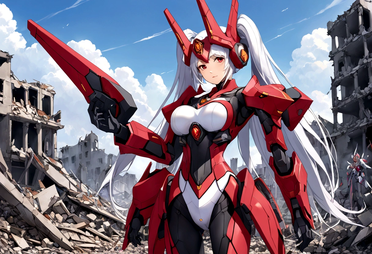 A striking mecha-style magical girl with long, white hair styled elegantly in twin tails, framing her striking red eyes. She stands confidently, her entire body turned towards the viewer, clad in a crimson-colored, intricately designed magical girl-inspired mecha armor. The suit encompasses her from head to toe, emphasizing her feminine curves. The background shows a desolate and destroyed cityscape, littered with rubble and debris, reflecting the aftermath of an apocalyptic battle or a cataclysmic event. The mecha magical girl appears to be standing amidst the ruins, her expression calm and resolute, as if she is the harbinger of hope in this desolate landscape.