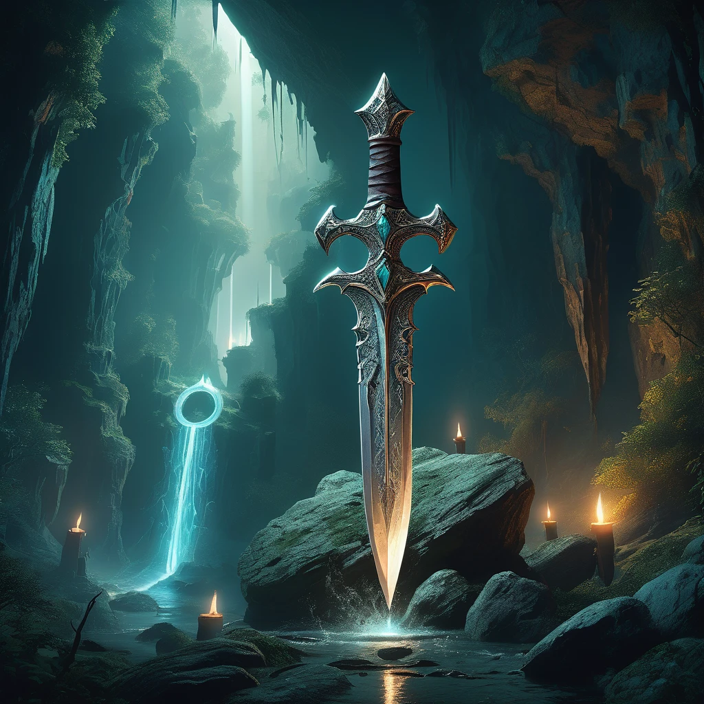 Illustrate a medieval fantasy scene featuring a dagger embedded in a rock. The dagger should have intricate designs on the hilt and blade, exuding an aura of ancient magic and mystery. The surrounding environment should be a mystical forest or enchanted cave, with ethereal light highlighting the dagger's significance and allure.