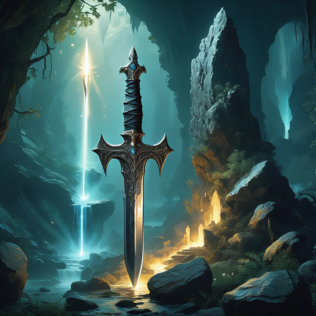 Illustrate a medieval fantasy scene featuring a dagger embedded in a rock. The dagger should have intricate designs on the hilt and blade, exuding an aura of ancient magic and mystery. The surrounding environment should be a mystical forest or enchanted cave, with ethereal light highlighting the dagger's significance and allure.