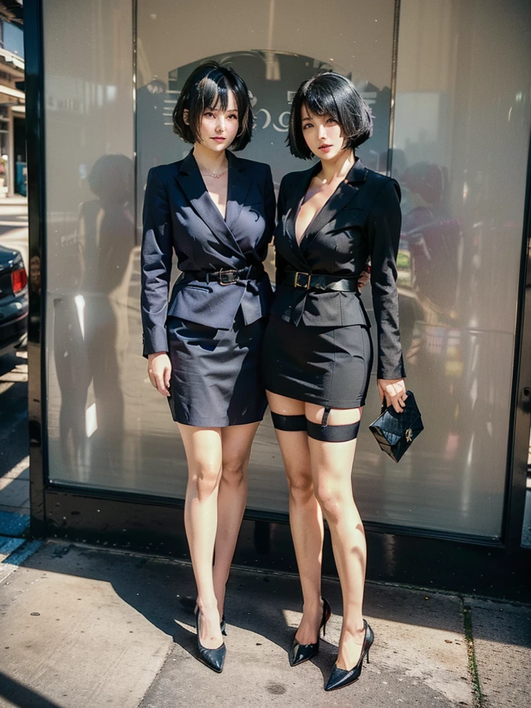 OL、Beautiful girl、Outstanding style、nice buddy、glamorous、Big Breasts、navy blue business suit、Skirt、Garter belt and black 30 denier stockings、High heels、office、standing、The whole body is visible, (mature woman), 45 years old, (black bob cut), very short hair