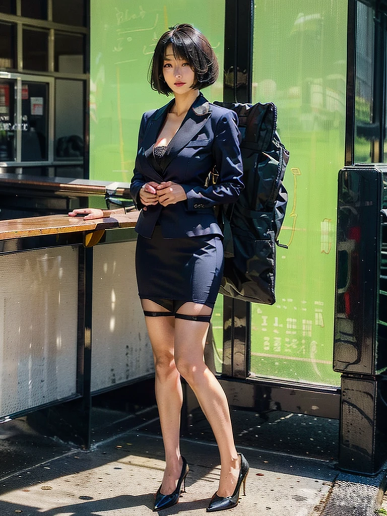 OL、Beautiful girl、Outstanding style、nice buddy、glamorous、Big Breasts、navy blue business suit、Skirt、Garter belt and black 30 denier stockings、High heels、office、standing、The whole body is visible, (mature woman), 45 years old, (black bob cut), very short hair