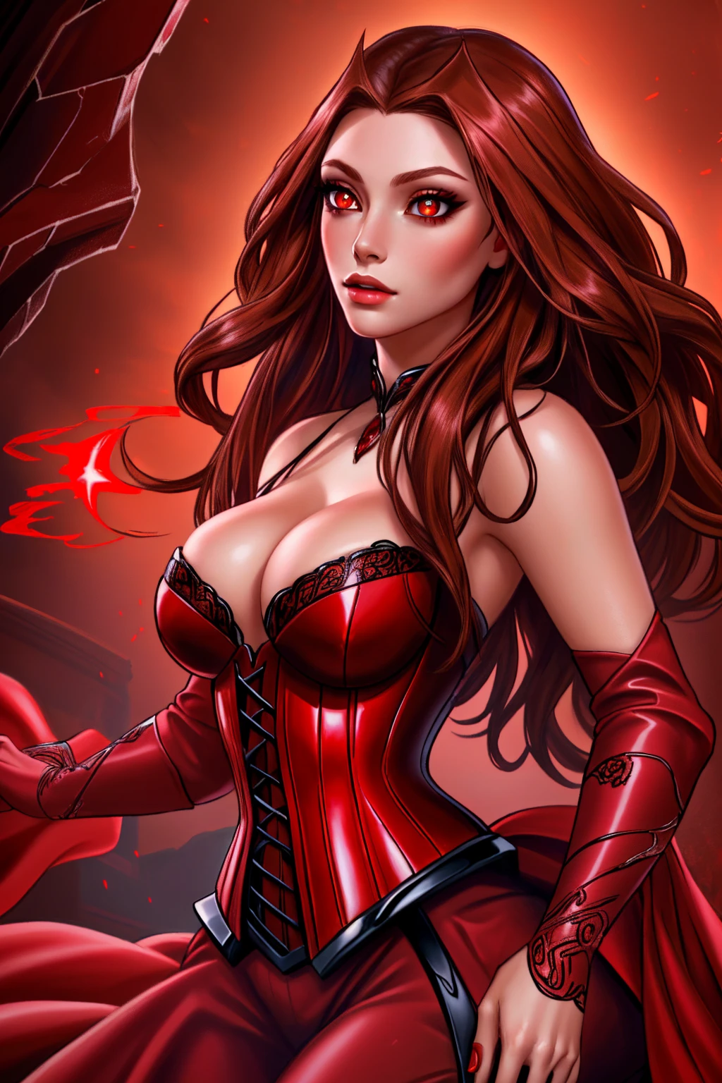 a woman with long crimson hair, wearing a long, intricate corset, beautiful detailed eyes, beautiful detailed lips, extremely detailed face, longeyelashes, elegant pose, graceful movement, breathtaking, detailed and realistic, oil painting, dramatic lighting, warm color palette, cinematic composition, masterpiece, 8k, high quality, Scarlet Witch, (((red eyes)))