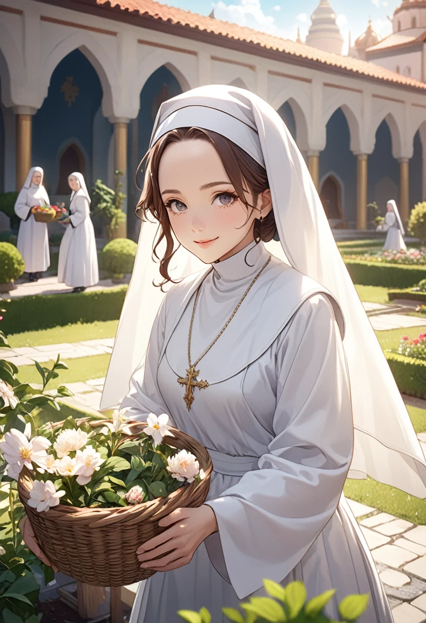 Very detailed,(((((ultra detailed face))))),best quality, 8K, (soft Light), Light, ((soft focus)),((Nuns)), facing the camera,Long brown hair ,almond eye, fluffy hair,((forehead)),((monastery)),((gardening,garden)),((Cultivation)),Flower basket,elegant, Comfortable, Clean and detailed anime art, Trending on artstart,((milky pastel theme)), illuminate warmly, big smile,((happiness)),make up,thank you!