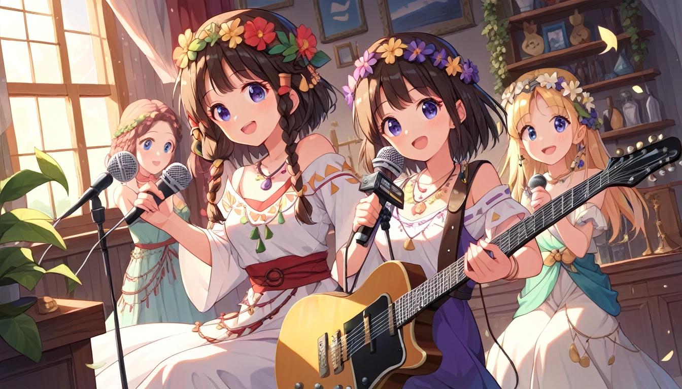 ((multiple girls:1.3)), ((moe style:1.3)), ((hippie:1.3)), ((guitar:1.3)), ((microphone:1.3)), ((heaven:1.3)), ((centerfold:1.3)), ((extremely feminine:1.3)), perfect hands, ((perfect face)), ((extremely cute:1.3)), ((masterpiece)), ((8k)), ((best quality)), ((beautiful)), ((extremely detailed:1.3)) , ((absurdres)), AddXL, ((score_9:1.3)), ((score_8_up:1.3)), ((score_7_up:1.3)),