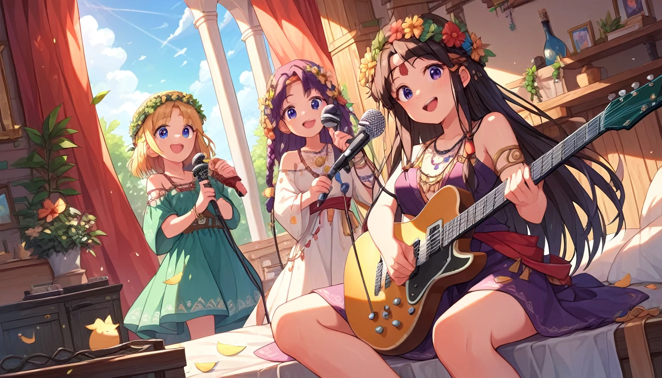 ((multiple girls:1.3)), ((moe style:1.3)), ((hippie:1.3)), ((guitar:1.3)), ((microphone:1.3)), ((heaven:1.3)), ((centerfold:1.3)), ((extremely feminine:1.3)), perfect hands, ((perfect face)), ((extremely cute:1.3)), ((masterpiece)), ((8k)), ((best quality)), ((beautiful)), ((extremely detailed:1.3)) , ((absurdres)), AddXL, ((score_9:1.3)), ((score_8_up:1.3)), ((score_7_up:1.3)),