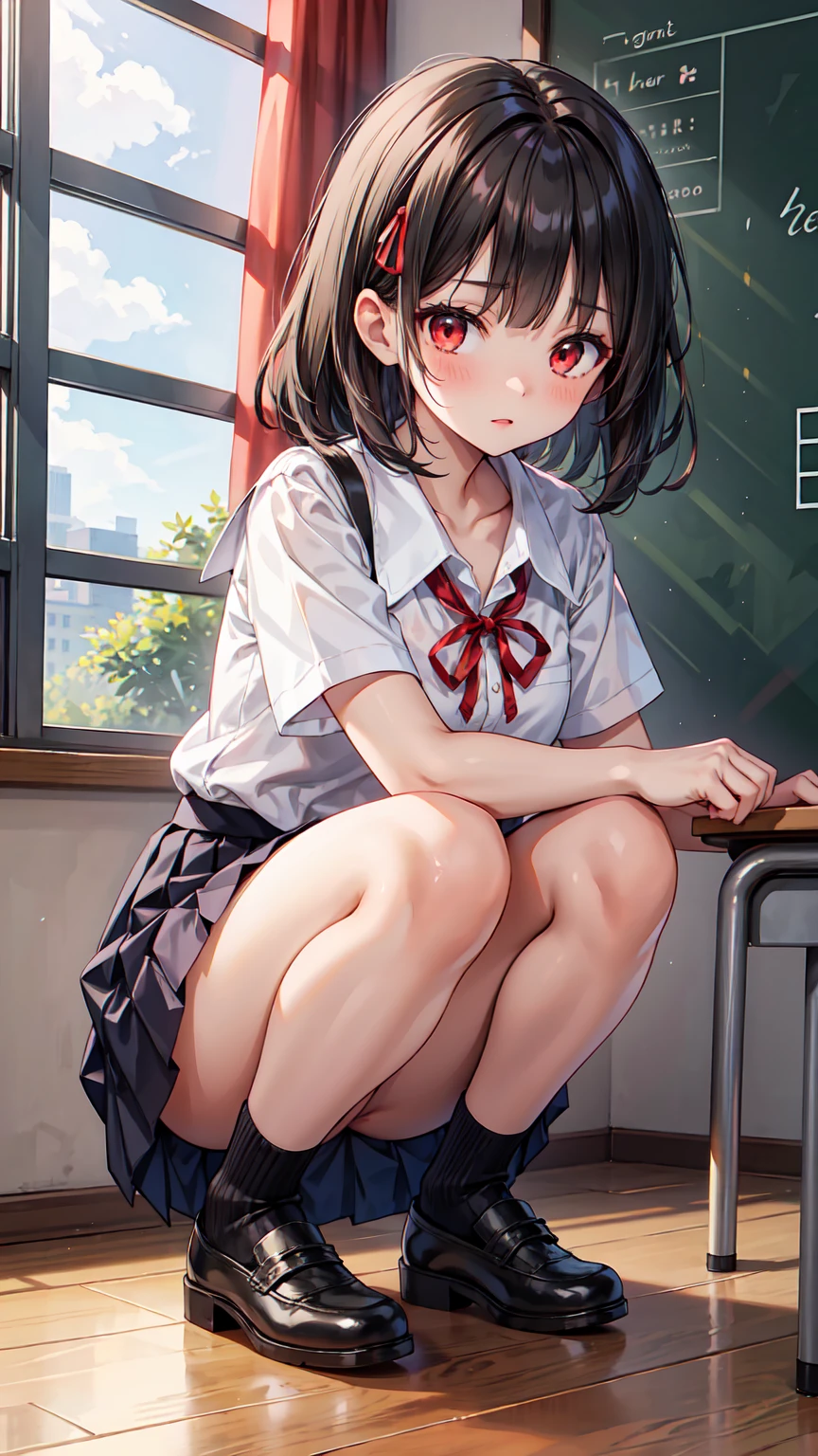 beautiful girl, sixteen years, , slender, short black hair, red eyes, school shirt, ribbon, skirt, school room, squatting