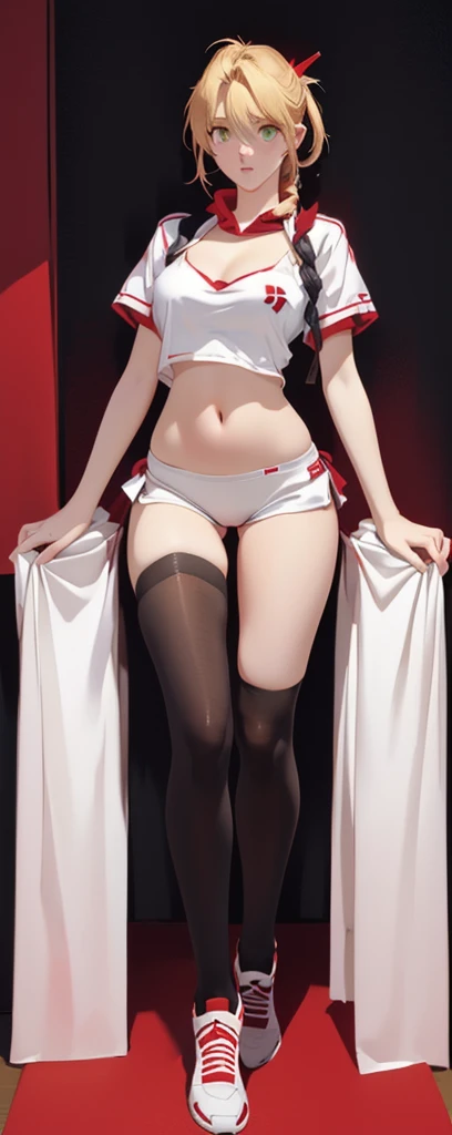 Cartoon image of a woman wearing a red top and white shorts, asuka underwear set!, Full body portrait of a short!, OPPEIN PROPORTION, Yandere. High target, looks like annie leonhart, !!Full body portrait!!, gapmoe Yandere, Tracker in tights, Thigh focus, Full body details, Long-distance full-body view