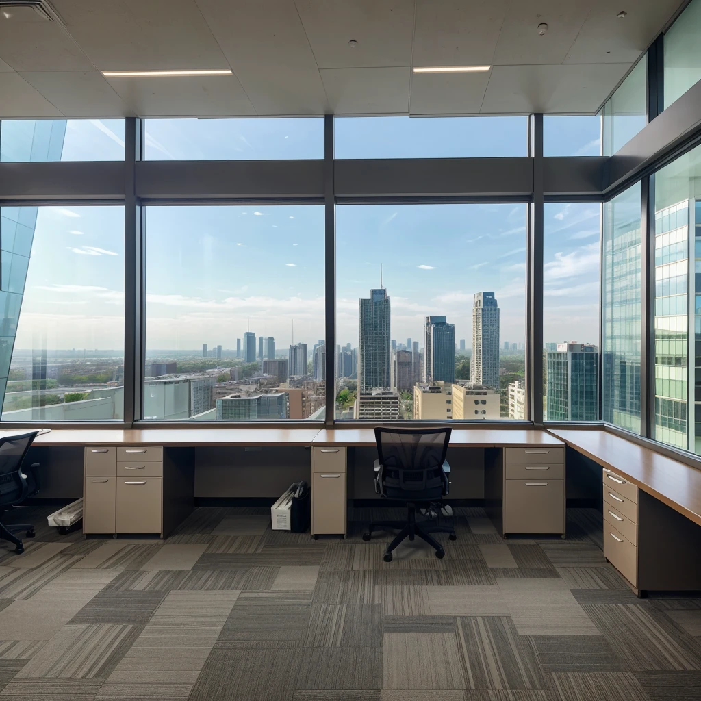 "High-rise office building with floor-to-ceiling windows and cityscape views