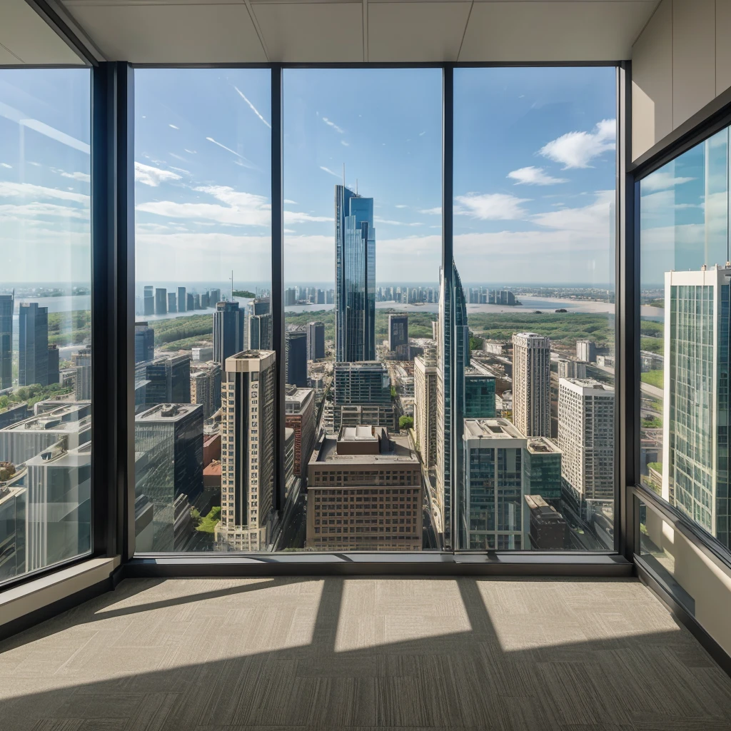 "High-rise office building with floor-to-ceiling windows and cityscape views