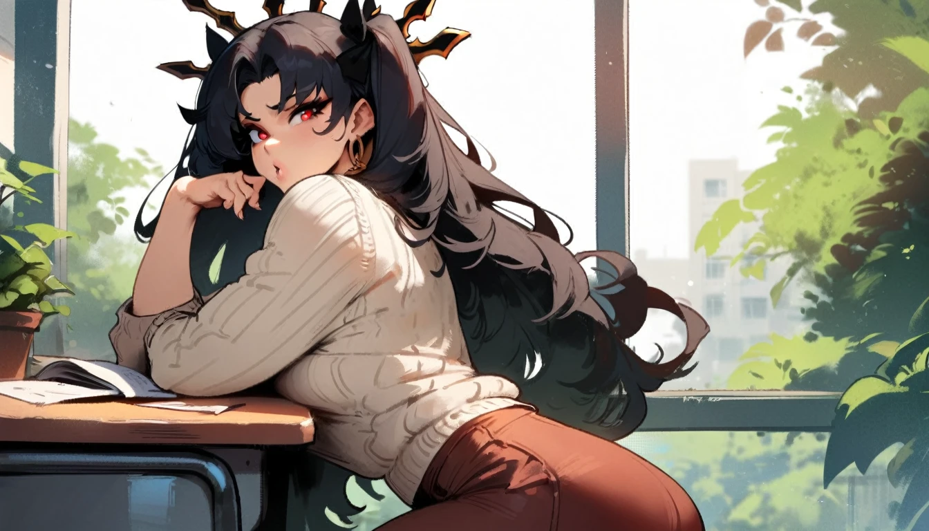 1girl, ishtar \(fate\), fate \(series\) \\\\\ masterpiece, best quality, very aesthetic, absurdres, newest \\\\\\ slim body,///// ,by nyantcha,cutesexyrobutts , by khyle,,////// beautiful face, sexy, red eyes, , at school, windows, greenery, sweater,,at desk, looking at viewer, close-up