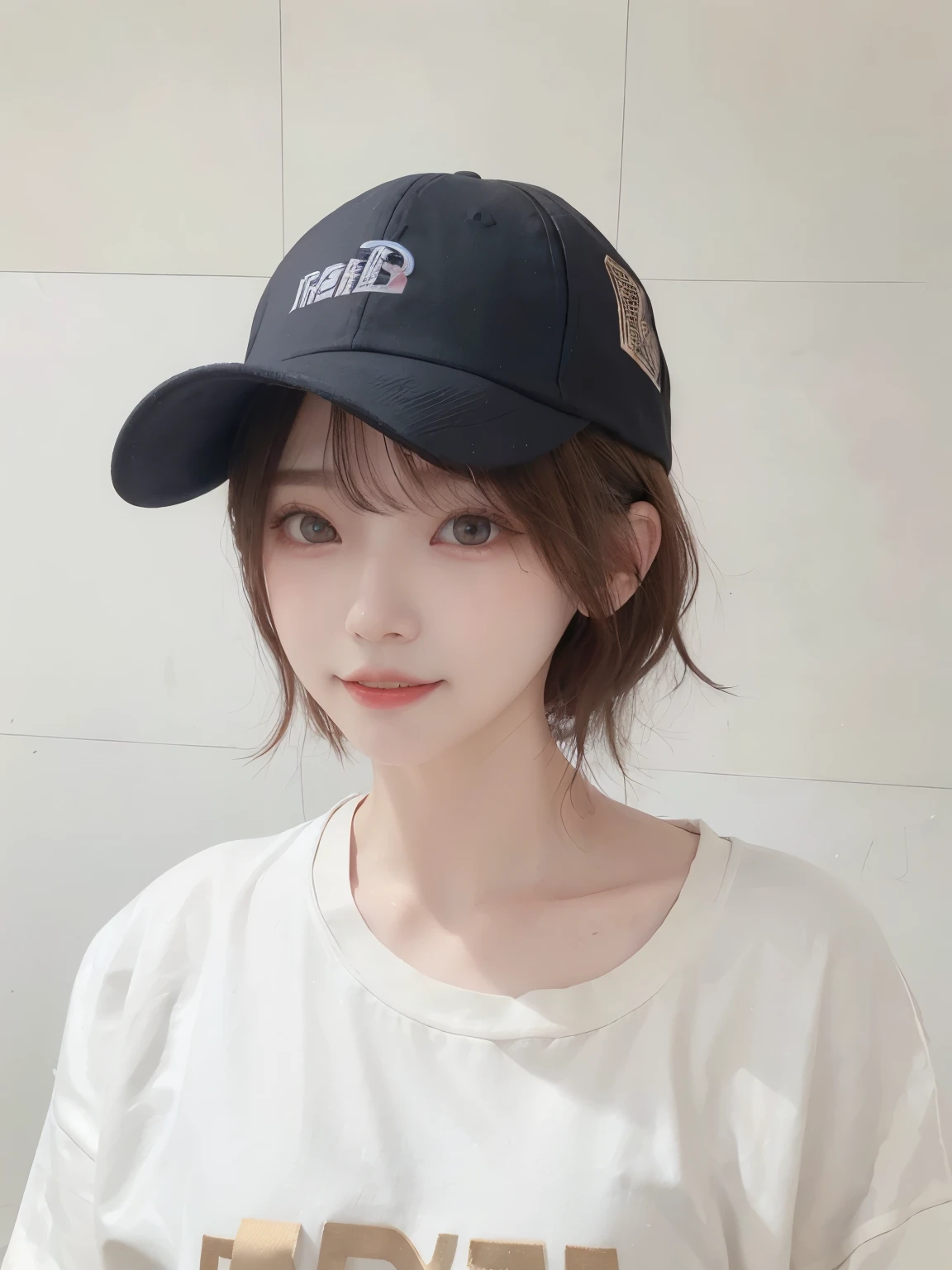 Best image quality、original photo、ultra high resolution、21 years old Korean、small breasts、dynamic angle、Cowboy shooting、The most beautiful form of chaos、elegant、Innovative design、bright colors、,light brown short hair、disheveled hair、light brown eyes 、black baseball cap( expressionSmile)、short bob、Smile、Fair and shiny skin、beautiful eyes，random colors、The details are very beautiful、thin lips、Delicate and beautiful eyes、elongated eyes、Pale pink cheeks、long eyelashes、beautiful double eyelids、eye shadow、he、White Large T-shirt Sweatshirt、baggy pants、Shot from the side、sexy pose、enlarge