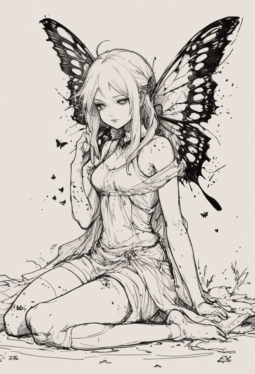 a drawing of a girl sitting on the ground with a butterfly, extremely fine ink lineart, clean lineart, thick lineart, detailed but rough, thick black lineart, simple lineart, claire wendling, lineart, old sketch, loose linework, beautiful line art, tattered wings, concept piece, line sketch, by Shitao