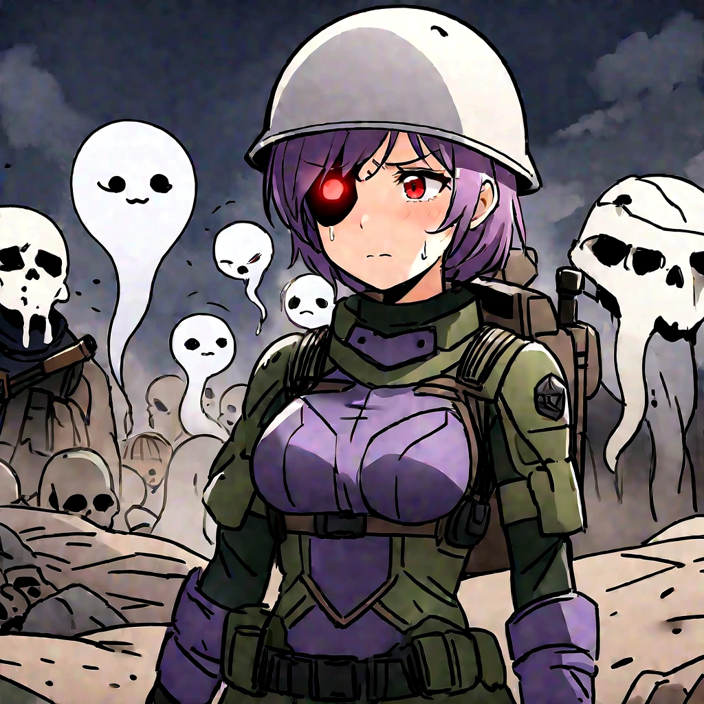 High quality, 4k, hd, female, full combat outfit, ghost helmet at the top of head, one missing eye dripping blood, scared and sad expression, covered in dirt, combat gloves, one eye glowing purple, wolf with red eyes, sniper on her back, in a war battlefield background, surrounded by the dead , giving up position on stance