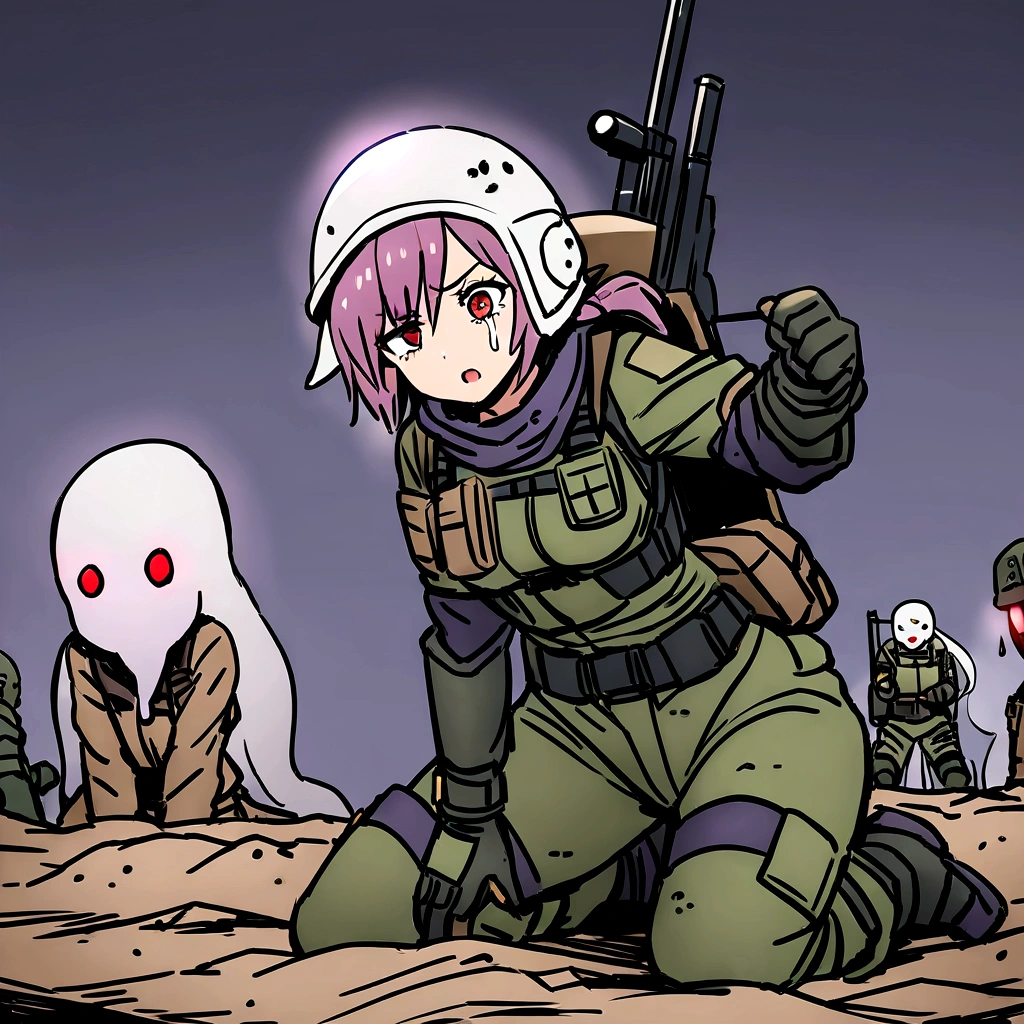 High quality, 4k, hd, female, full combat outfit, ghost helmet at the top of head, one missing eye dripping blood, scared and sad expression, covered in dirt, combat gloves, one eye glowing purple, wolf with red eyes, sniper on her back, in a war battlefield background, surrounded by the dead , giving up position on stance