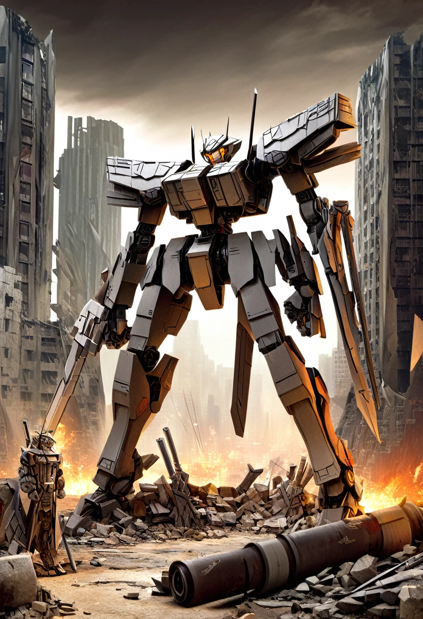 A mesmerizing papercraft illustration of a futuristic mecha robot standing amidst the ruins of a post-apocalyptic city. The robot is intricately constructed from layers of paper, showcasing an arsenal of weapons including swords, guns, and missiles. The overall design of the robot exhibits a nostalgic charm, blended seamlessly with sleek, modern aesthetics. The background portrays a desolate cityscape with smoldering buildings, evoking a sense of loneliness and despair. The intricate details of the robot and the grim atmosphere create a captivating juxtaposition of the old and the new., illustration