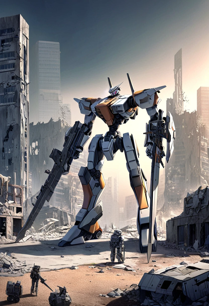 A mesmerizing papercraft illustration of a futuristic mecha robot standing amidst the ruins of a post-apocalyptic city. The robot is intricately constructed from layers of paper, showcasing an arsenal of weapons including swords, guns, and missiles. The overall design of the robot exhibits a nostalgic charm, blended seamlessly with sleek, modern aesthetics. The background portrays a desolate cityscape with smoldering buildings, evoking a sense of loneliness and despair. The intricate details of the robot and the grim atmosphere create a captivating juxtaposition of the old and the new., illustration