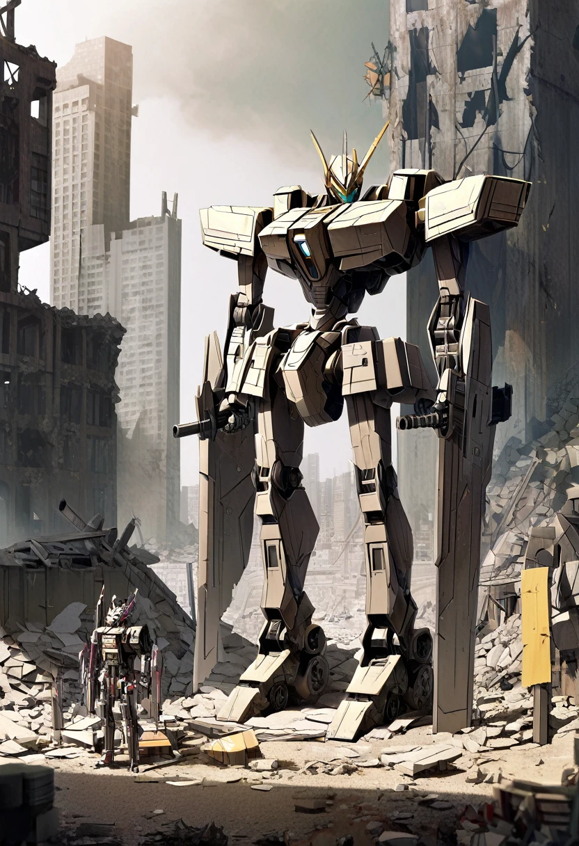 A mesmerizing papercraft illustration of a futuristic mecha robot standing amidst the ruins of a post-apocalyptic city. The robot is intricately constructed from layers of paper, showcasing an arsenal of weapons including swords, guns, and missiles. The overall design of the robot exhibits a nostalgic charm, blended seamlessly with sleek, modern aesthetics. The background portrays a desolate cityscape with smoldering buildings, evoking a sense of loneliness and despair. The intricate details of the robot and the grim atmosphere create a captivating juxtaposition of the old and the new., illustration