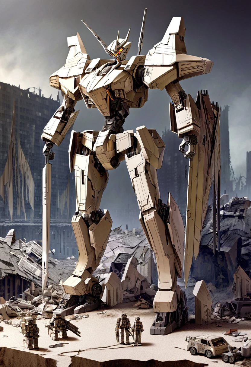 A mesmerizing papercraft illustration of a futuristic mecha robot standing amidst the ruins of a post-apocalyptic city. The robot is intricately constructed from layers of paper, showcasing an arsenal of weapons including swords, guns, and missiles. The overall design of the robot exhibits a nostalgic charm, blended seamlessly with sleek, modern aesthetics. The background portrays a desolate cityscape with smoldering buildings, evoking a sense of loneliness and despair. The intricate details of the robot and the grim atmosphere create a captivating juxtaposition of the old and the new., illustration