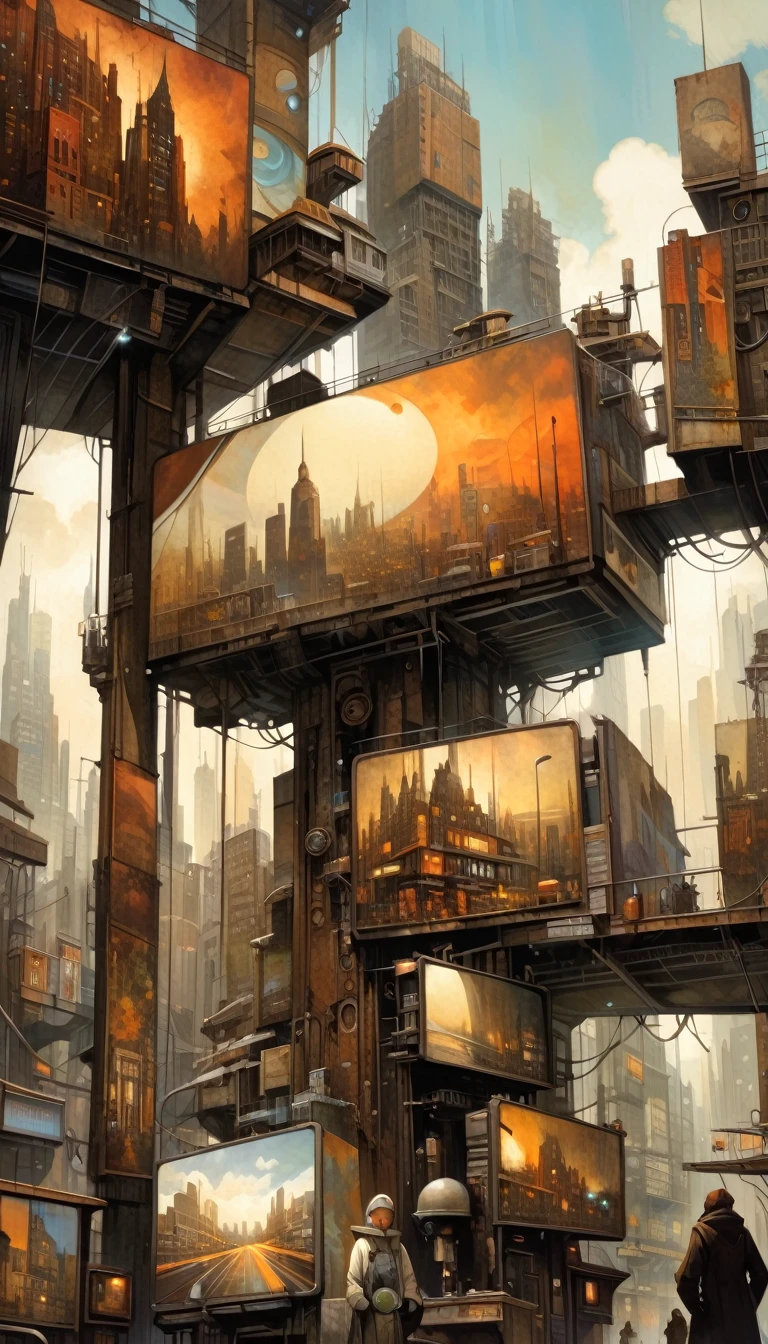 futuristic city.1.5, rusty metal city, lots of details, buildings, billboards, (Dave Mckean inspired art, intricate details, oil painting)