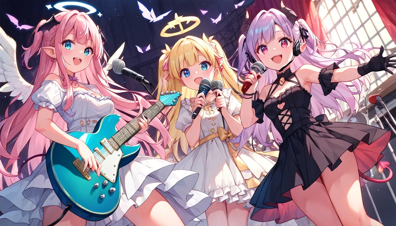 ((multiple girls:1.3)), ((moe style:1.3)), ((succubus:1.3)), ((guitar:1.3)), ((microphone:1.3)), ((heaven:1.3)), ((centerfold:1.3)), ((extremely feminine:1.3)), perfect hands, ((perfect face)), ((extremely cute:1.3)), ((masterpiece)), ((8k)), ((best quality)), ((beautiful)), ((extremely detailed:1.3)) , ((absurdres)), AddXL, ((score_9:1.3)), ((score_8_up:1.3)), ((score_7_up:1.3)),