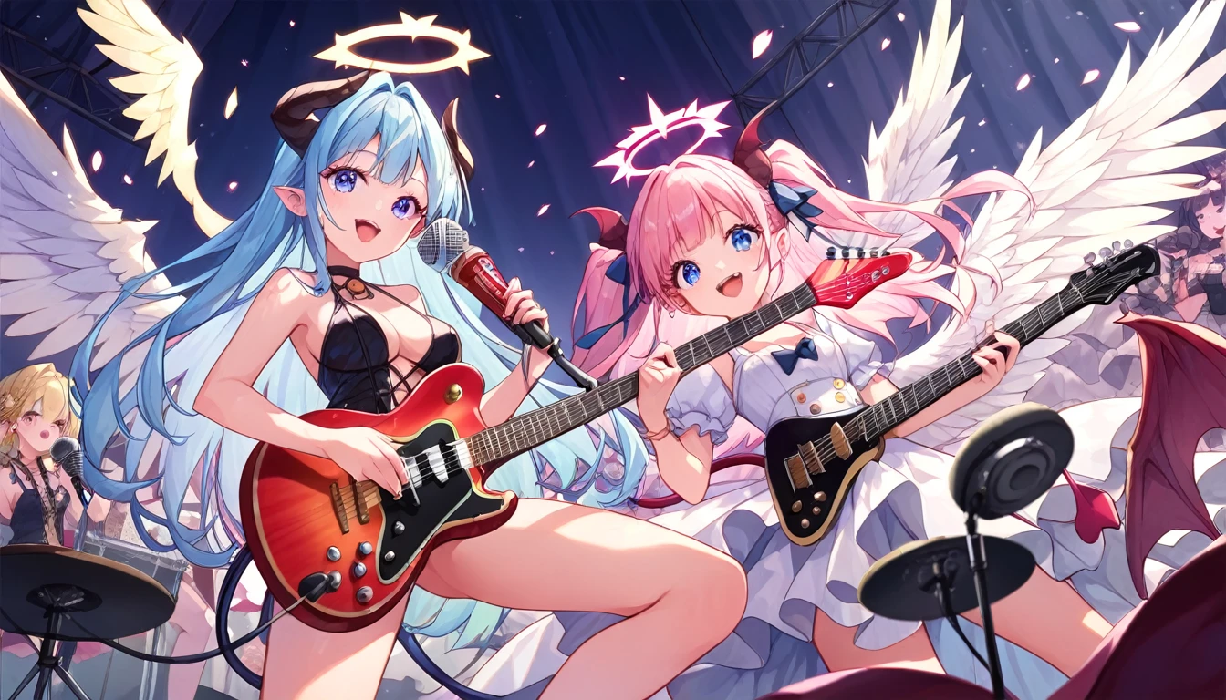 ((multiple girls:1.3)), ((moe style:1.3)), ((succubus:1.3)), ((guitar:1.3)), ((microphone:1.3)), ((heaven:1.3)), ((centerfold:1.3)), ((extremely feminine:1.3)), perfect hands, ((perfect face)), ((extremely cute:1.3)), ((masterpiece)), ((8k)), ((best quality)), ((beautiful)), ((extremely detailed:1.3)) , ((absurdres)), AddXL, ((score_9:1.3)), ((score_8_up:1.3)), ((score_7_up:1.3)),