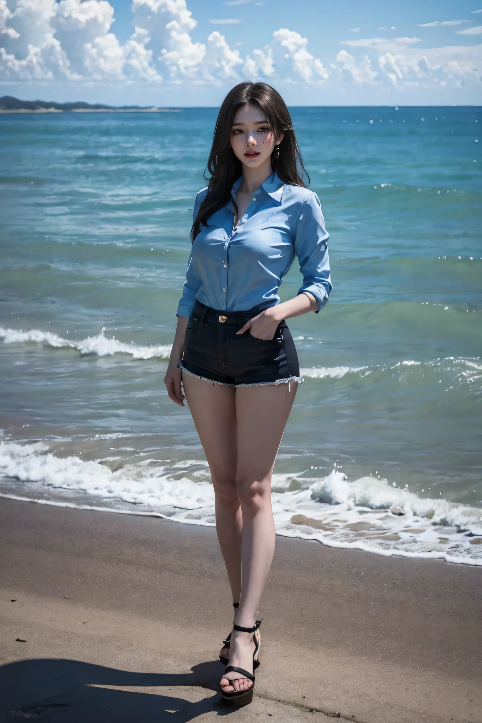 tmasterpiece,Need,full bodyesbian,1girll,Sitting on the beach by the sea,Stretch your long legs,Wear sexy swimsuits,By bangs,brunette color hair,Blushlush,beauty breast,choker necklace,鎖骨,Ear piercing,Eyebrows visible through hair,grinning smile,Long hair,looking at viewert,ssmile,Solo,Shoes 1.6,Footwear,Footwear,plain view,sea beach,