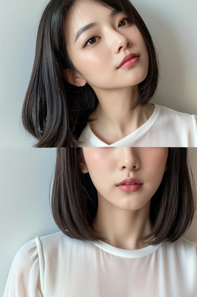 Stylish short sleeve top、Silky Hair、30-year-old woman(背景にWhite wall、Straight hair:1.4)、White wall、In front of the white door、(窓のあるWhite wallの部屋)、((Highest quality、8K、masterpiece:1.3))、Ultra-high resolution、(photoGenuineistic:1.4)、RAW Photos、Japanese,(detailed aspects)、Genuine、Photographed in natural light、Highly detailed face and skin texture、Highly detailed lips、The correct state of the human body、Medium Hair、Black Hair、Mr...々stop temporarily、Natural color lip、Shiny Hair、Don'Don'Don'Don't look at the camera、profile