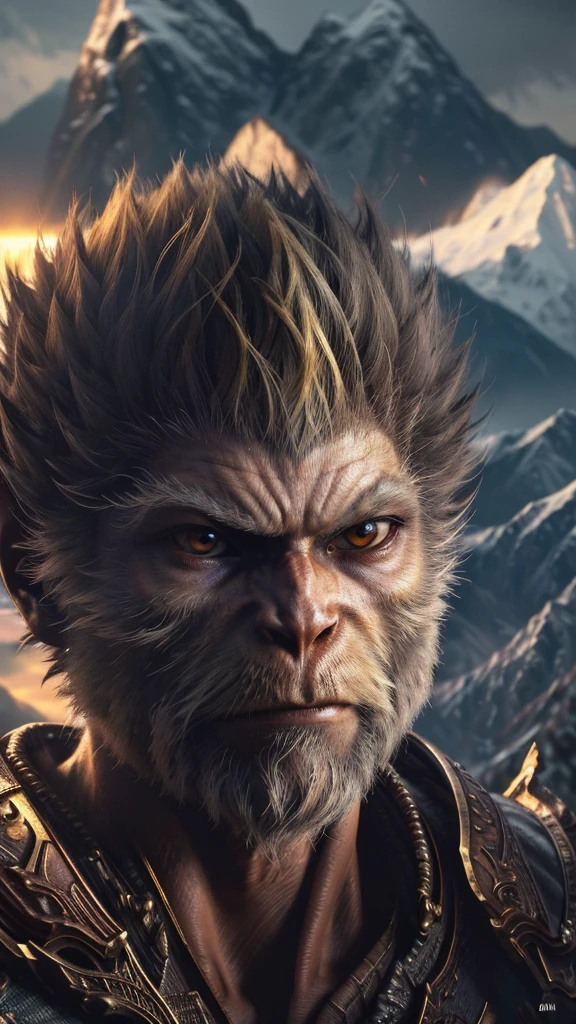 (((best quality))),(((Super detailed))),(((masterpiece))),illustration,wukong \(black myth\) ,determined face,Glowing eyes,golden staff,mountain peak,craggy mountains,Sunlight,Clouds,close up,heroic gesture