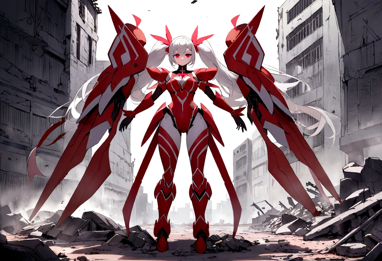 A striking mecha-style magical girl with long, white hair styled elegantly in twin tails, framing her striking red eyes. She stands confidently, her entire body turned towards the viewer, clad in a crimson-colored, intricately designed magical girl-inspired mecha armor. The suit encompasses her from head to toe, emphasizing her feminine curves. The background shows a desolate and destroyed cityscape, littered with rubble and debris, reflecting the aftermath of an apocalyptic battle or a cataclysmic event. The mecha magical girl appears to be standing amidst the ruins, her expression calm and resolute, as if she is the harbinger of hope in this desolate landscape.