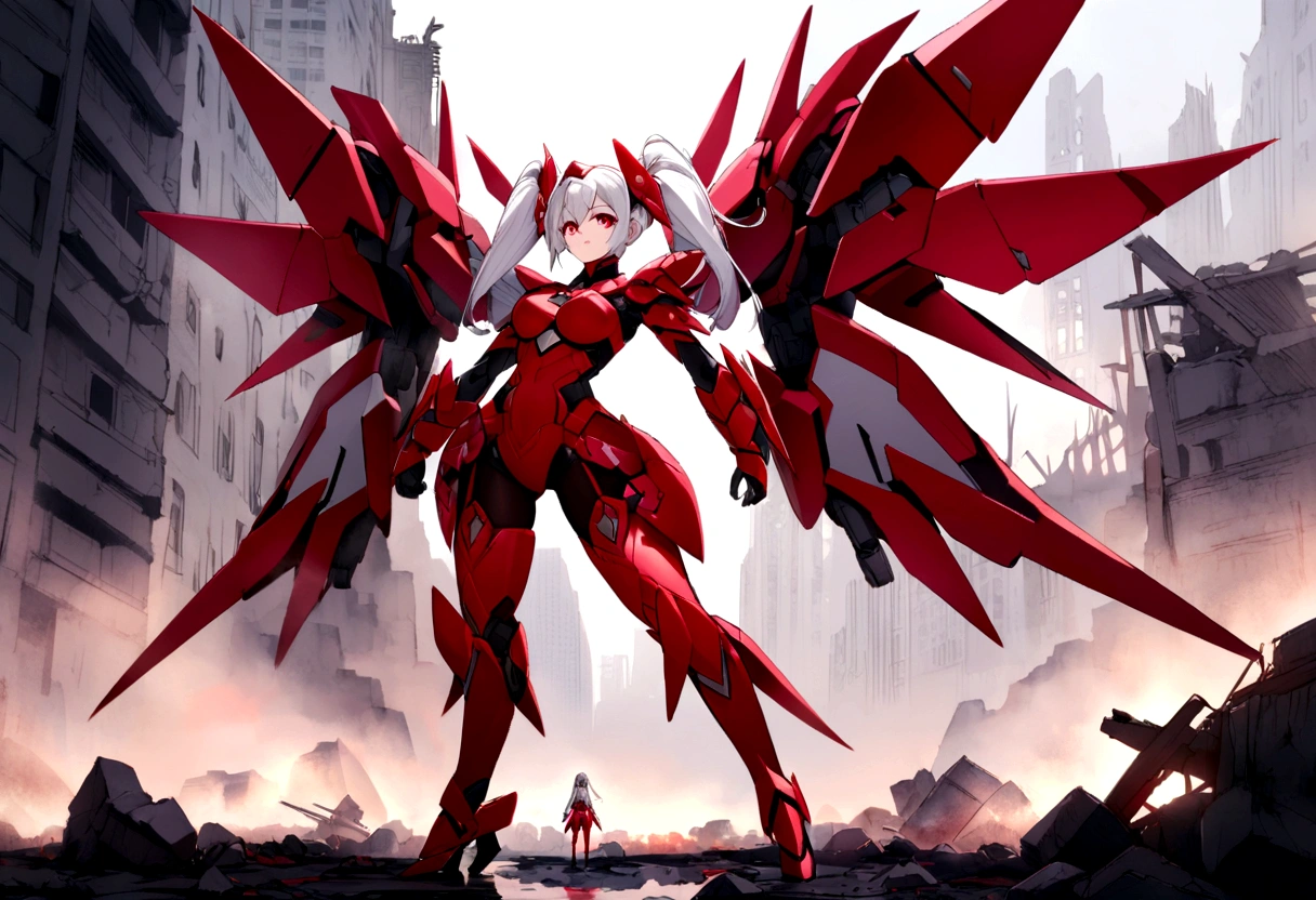 A striking mecha-style magical girl with long, white hair styled elegantly in twin tails, framing her striking red eyes. She stands confidently, her entire body turned towards the viewer, clad in a crimson-colored, intricately designed magical girl-inspired mecha armor. The suit encompasses her from head to toe, emphasizing her feminine curves. The background shows a desolate and destroyed cityscape, littered with rubble and debris, reflecting the aftermath of an apocalyptic battle or a cataclysmic event. The mecha magical girl appears to be standing amidst the ruins, her expression calm and resolute, as if she is the harbinger of hope in this desolate landscape.