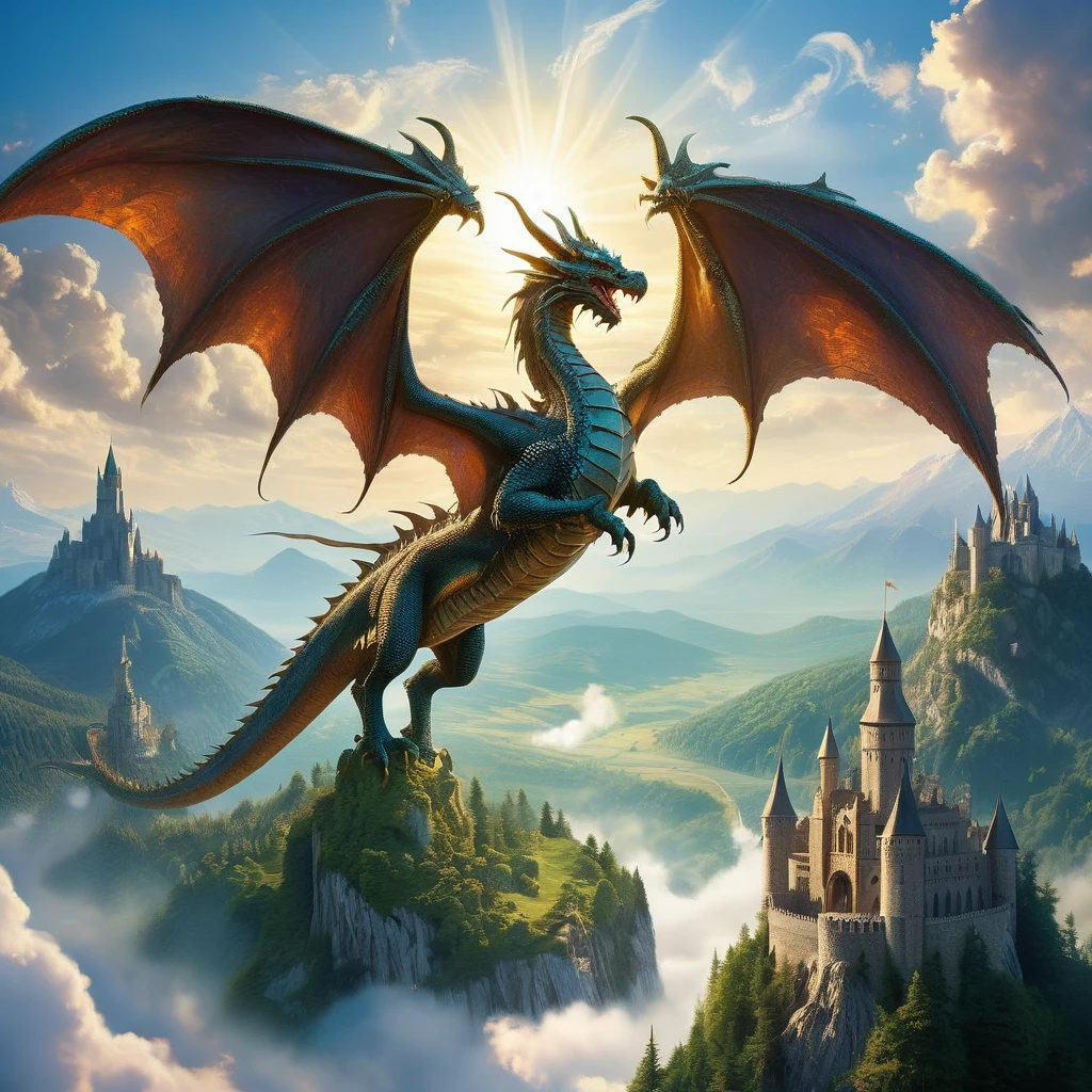 Depict a medieval fantasy scene of a dragon flying in the distant sky. The dragon should have majestic wings outstretched, its scales glinting in the sunlight. The backdrop can be a sprawling landscape with castles, forests, and mountains, capturing the essence of an epic journey in a fantastical world