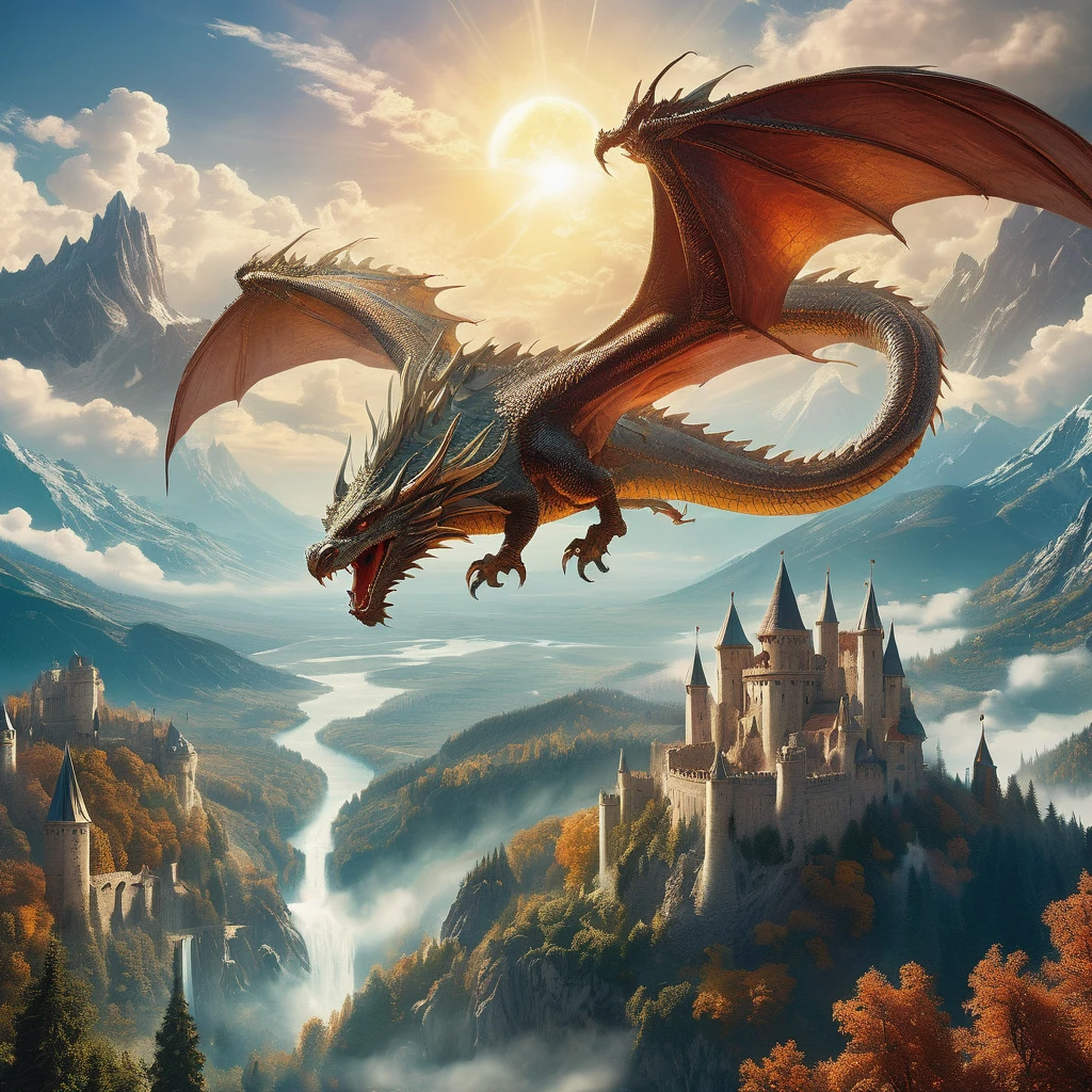 Depict a medieval fantasy scene of a dragon flying in the distant sky. The dragon should have majestic wings outstretched, its scales glinting in the sunlight. The backdrop can be a sprawling landscape with castles, forests, and mountains, capturing the essence of an epic journey in a fantastical world