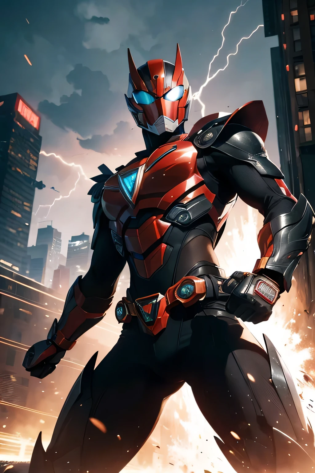 >(best quality,4k,8k,highres,masterpiece:1.2),ultra-detailed,(realistic,photorealistic,photo-realistic:1.37),kamen rider,masked rider,kamen rider transformations,kamen rider belt,heroic figure,motorcycle rider,black and red armor,battle pose,action-packed scene,city skyline,explosions,dark colors,combining powers,superhuman strength,high-tech weaponry,lightning effects,slashing motion,signature catchphrase,defending justice,dynamic composition,motion blur,gritty atmosphere,powerful kicks,supercharged energy,emblem on chest,accelerated movements,animated motion lines,blazing trail of fire,time-traveling,protecting the innocent,fighting evil forces,special attacks,unyielding determination,unstoppable hero