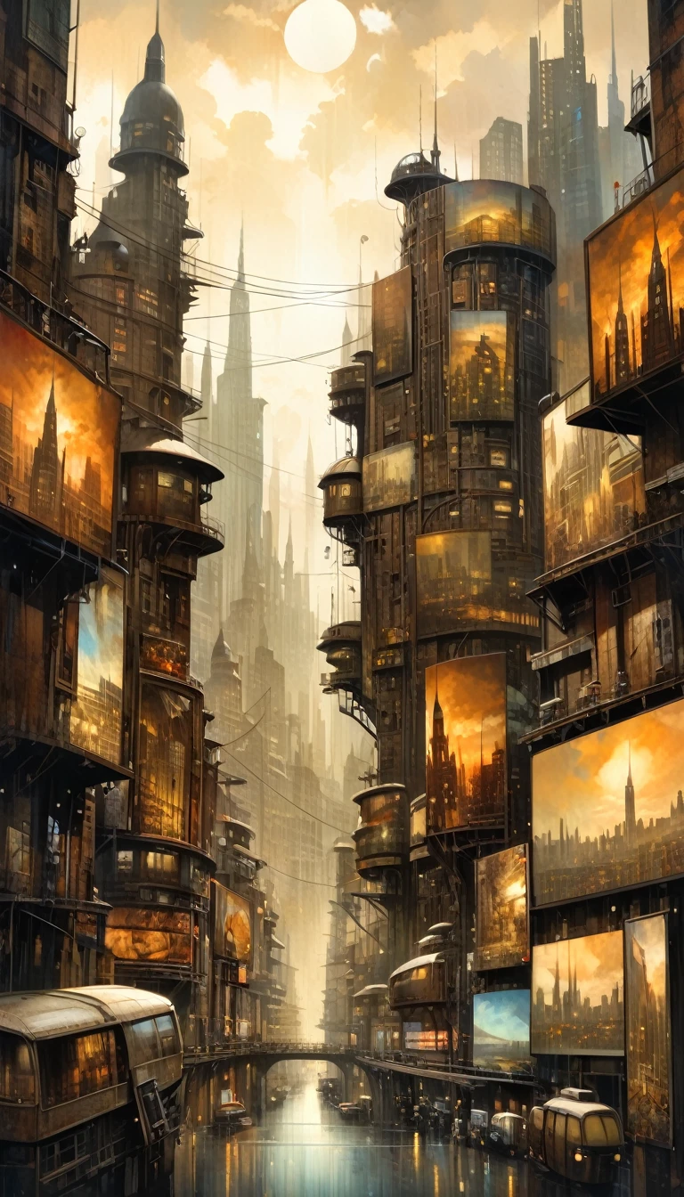 futuristic city.1.5, rusty metal city, lots of details, buildings, billboards, (Dave Mckean inspired art, intricate details, oil painting)
