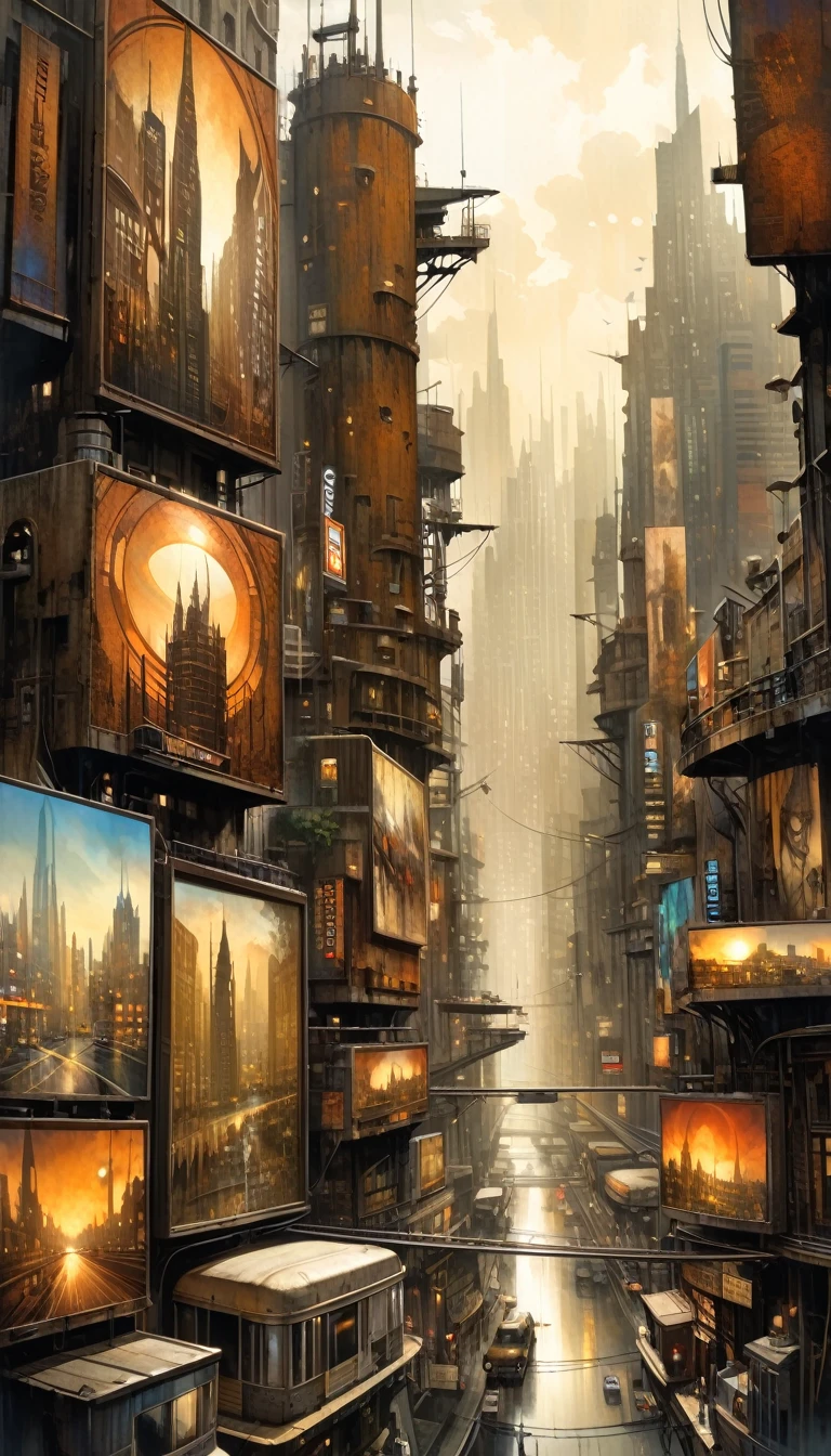 futuristic city.1.5, rusty metal city, lots of details, buildings, billboards, (Dave Mckean inspired art, intricate details, oil painting)
