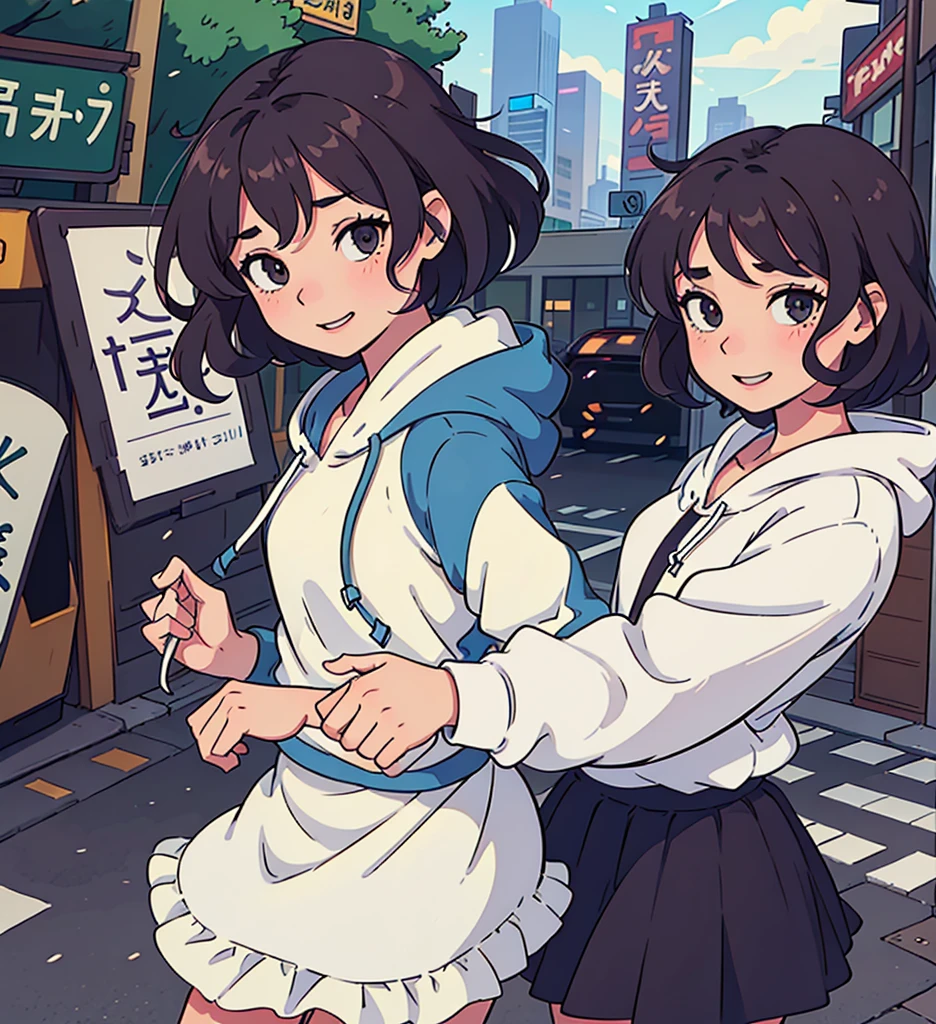 (best quality:0.8) perfect anime illustration, a pretty, happy woman with short curly brown hair on the street in the city, wearing a hoodie, skirt