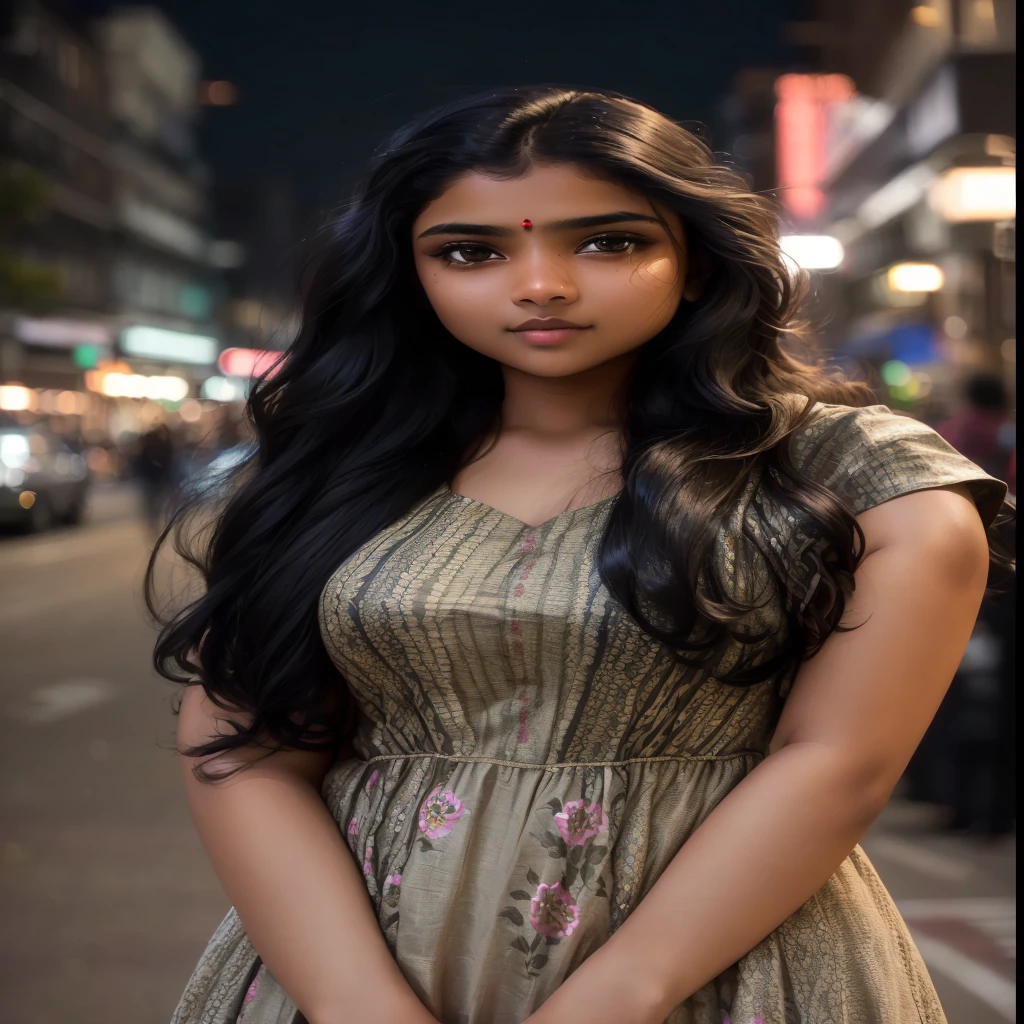 arafed woman in a dress standing on a city street at night, indian girl with brown skin, indian, mid shot portrait, 7 0 mm portrait, 60mm portrait, taken with canon 5d mk4, portrait soft low light, beautiful young woman, young beautiful woman, with long hair, shot with canon eoa 6 d mark ii