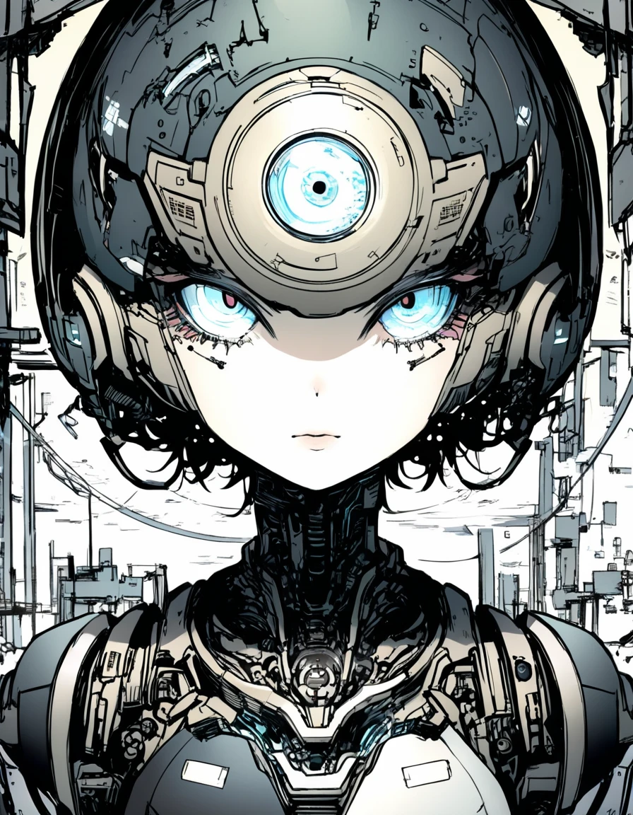 ultra-detailed:1.3, ultra delicate and detailed face:1.3, (absurdres, texture, masterpiece), Chinese ink brush, pixiv contest winner, by Posuka Demizu, dynamic manga-style illustration of slender mechanical cyborg girl, Unlike a human head, the cyborg girl's head has a unbalanced spherical shape. Her head has a gloss and has a horizontal camera eye in the center.
