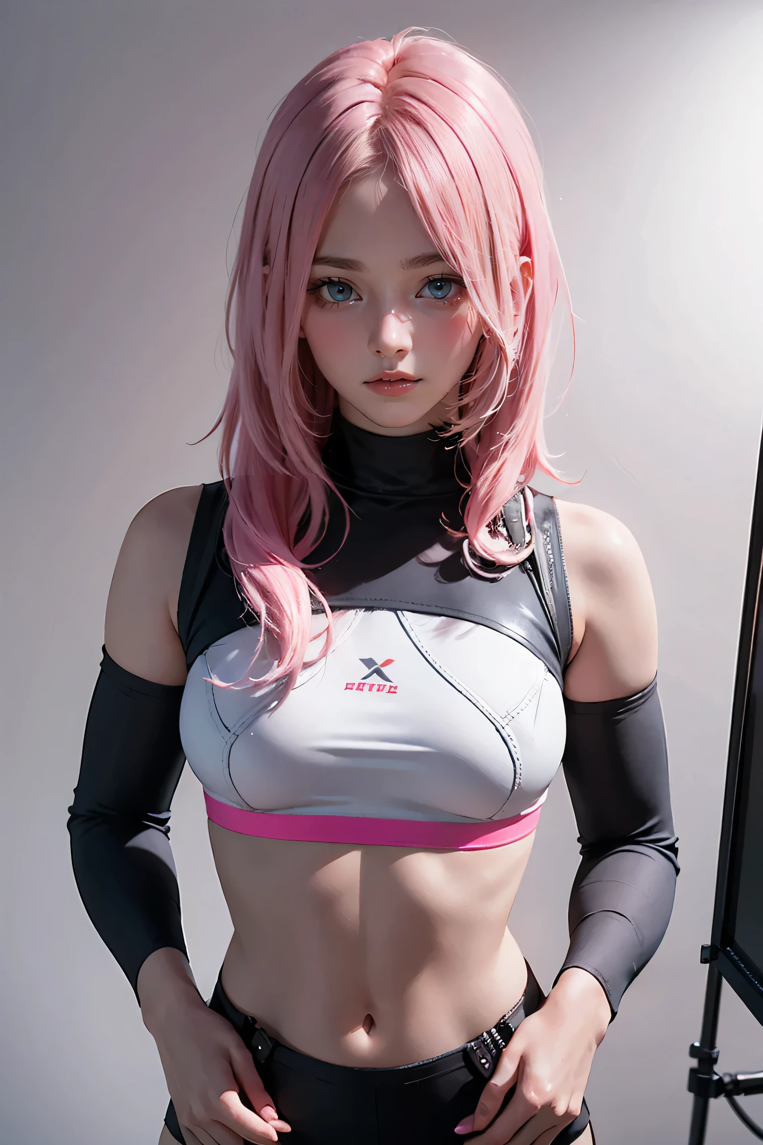 Highest quality, Ultra-high resolution, Realistic, NSFW, Cyberpunk one girl sexy pink hair、Taking photos in a studio environment with a gray background, View your viewers, Upper Body, thin, Visible cracks, Crop top,