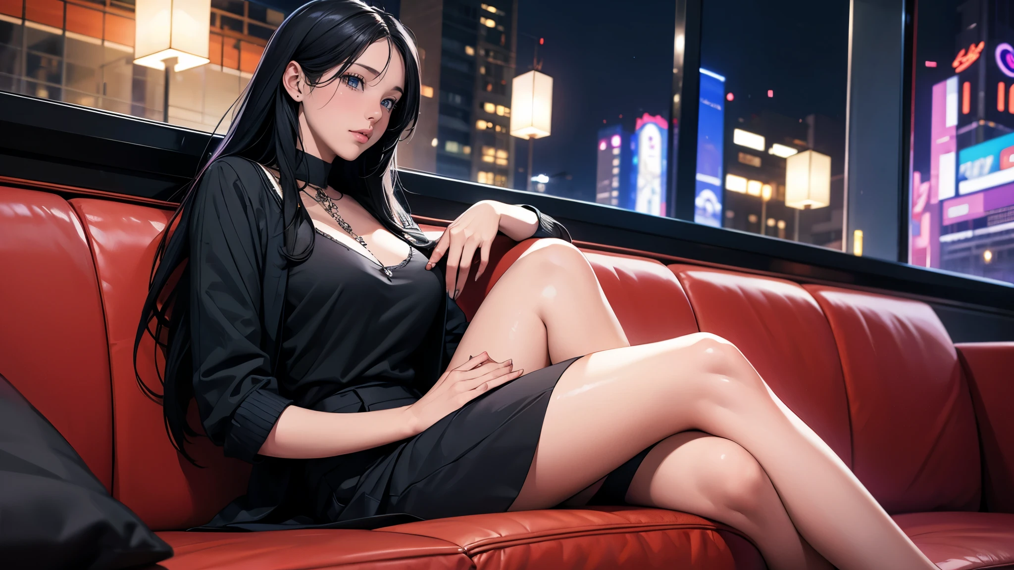 Ultra HD、super high quality、masterpiece、detailed、8K、The location is inside a nightclub late at night.、High school girl on the sofa１Sitting with people、15-year-old high school girl、The high school girl is Russian and has long black hair.、Has blue eyes、She has a flower tattoo and a glamorous figure.、The clothes he&#39;s wearing are hip-hop style.、Pretty sexy、Suspicious atmosphere、The room is dimly lit、Gang Organization、Mafia members、Garter belt or stocking on the left leg only
