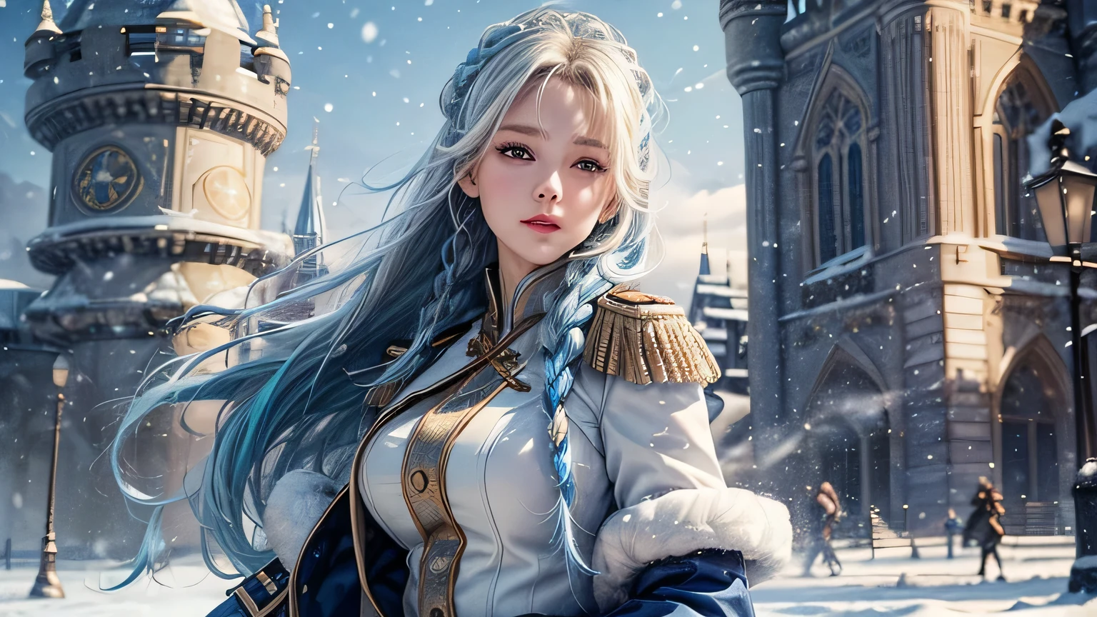 (highest resolution, distinct_image), realistic, Best quality, single person, one girl, solo, masterpiece, highly detailed, realistic, long hair, braided white blond hair, ((blue-colored military uniform underneath the coat)), depth of field, outdoor background, (falling snow), ((big breasts)), authoritative, dignified, calm and powerful expression, ambient lighting, exquisite facial feature, (fur-trimmed white coat), open coat, short skirt, looking at viewer, head to waist, (((castle, terrace))), background: 1.2, dynamic angle, light smile, detailed background, ((from front)), full body, black pantyhose