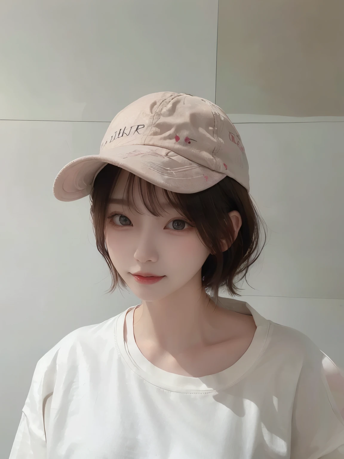 Best image quality、original photo、ultra high resolution、21 years old Korean、small breasts、dynamic angle、Cowboy shooting、The most beautiful form of chaos、elegant、Innovative design、bright colors、,light brown short hair、disheveled hair、light brown eyes 、black baseball cap(Facial expressionSmile)、short bob、Smile、Fair and shiny skin、beautiful eyes,random colors、The details are very beautiful、thin lips、Delicate and beautiful eyes、elongated eyes、Pale pink cheeks、long eyelashes、beautiful double eyelids、eye shadow、he、White Large T-shirt Sweatshirt、baggy pants、Shot from the side、sexy pose、enlarge