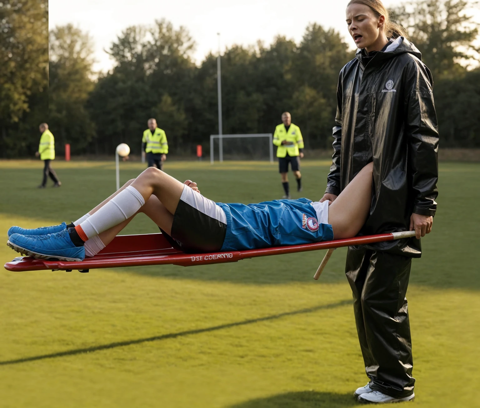 Greta Thunberg is carrying a stretcher, there is a man laying on a stretcher on a soccer field, on a soccer field, Greta Thunberg wearing a shiny pvc tracksuit, greta Thunberg in a high shine vinyl rainsuit carrying a stretcher on a soccer field, an excessively madeup teenage girl in a laquered coat, a passionately shouting teenage-girl in a laquered coat, there is a sportsman in white shorts and a white t-shirt lying injured on a stretcher, there is an injured sportsman who is covering his face on a stretcher, an injured sportsman is covering his face with his hands, an injured sportsman is writhing in ecstasy on a stretcher, dramatic pity pose, there is a latino woman in a high-shine puffy coat, a high-shine black down coat, a long black moncler coat, a wetlook down coat, a wet black laquered coat, a latino wife is wearing a wetlook black uniform, injured, medic, very professional, soccer action pose, affection pose, lecherous action pose, dramatic action pose, theatralic pose, there is an attractive woman that is carrying a skinny man, there is a beautiful woman in a shiny coat who is carrying a blond man on a wetlook orange stretcher, a longhaired beautiful woman in a high-shine black puffy coat, a longhaired woman in a shiny downcoat, a woman is carrying a shorthaired man who is wearing shorts and a t-shirt, a weak man in spots shorts is consciousless and needs to be carried, a shorthaired man with closed eyes is carried on a stretcher by a longhaired woman, a woman looks very scared and terrified, a consciousless man with closed eyes is suffering very much and has a very painful face, photo, photo shoot, photographed , accident, help, aid, first aid, pity