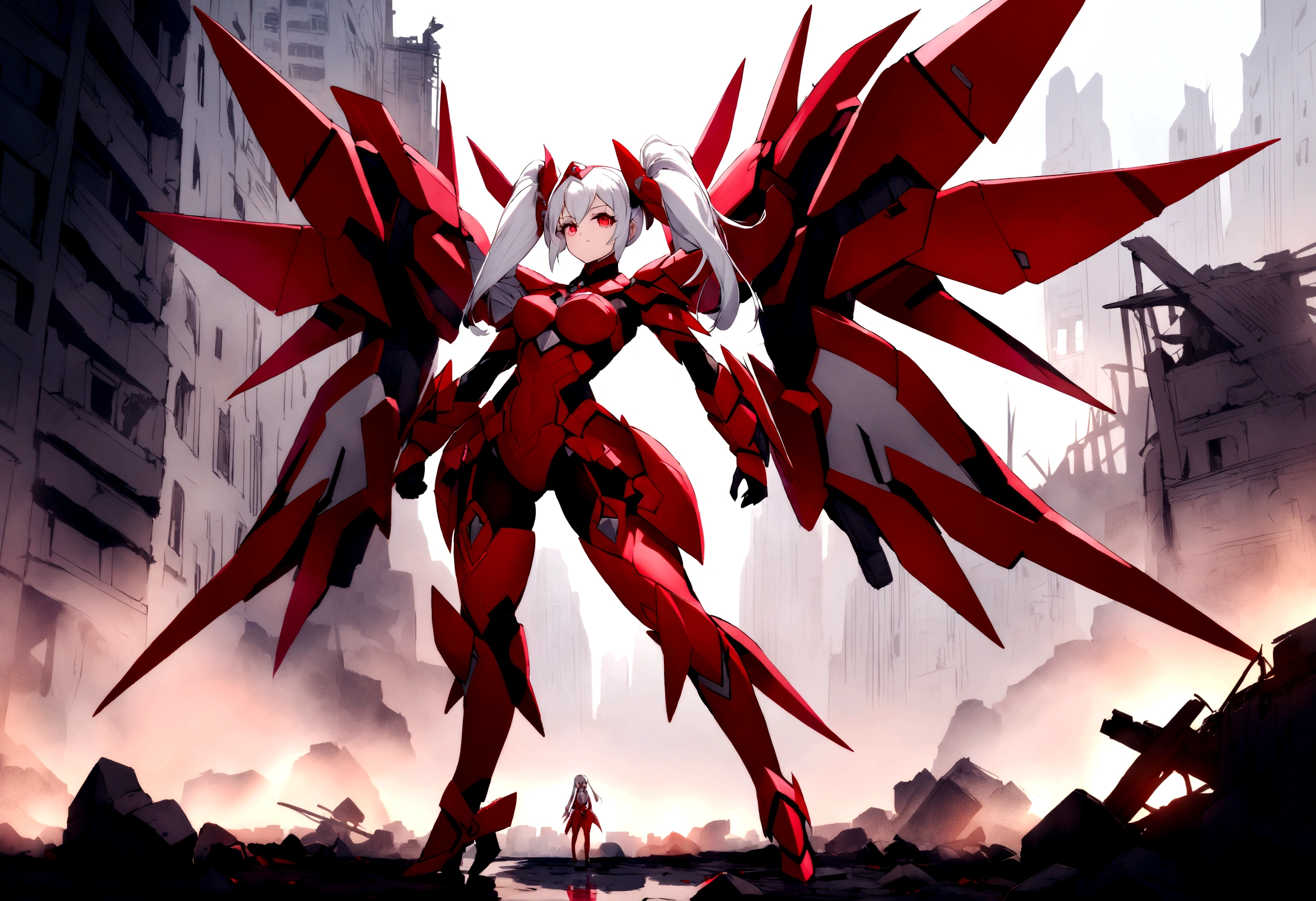 A striking mecha-style magical girl with long, white hair styled elegantly in twin tails, framing her striking red eyes. She stands confidently, her entire body turned towards the viewer, clad in a crimson-colored, intricately designed magical girl-inspired mecha armor. The suit encompasses her from head to toe, emphasizing her feminine curves. The background shows a desolate and destroyed cityscape, littered with rubble and debris, reflecting the aftermath of an apocalyptic battle or a cataclysmic event. The mecha magical girl appears to be standing amidst the ruins, her expression calm and resolute, as if she is the harbinger of hope in this desolate landscape.