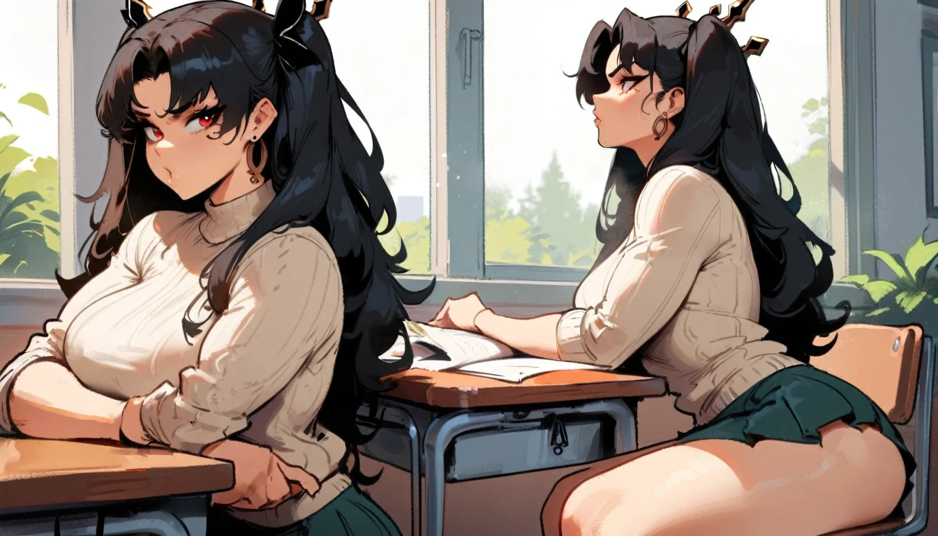 1girl, ishtar \(fate\), fate \(series\) \\\\\ masterpiece, best quality, very aesthetic, absurdres, newest \\\\\\ slim body,///// ,by nyantcha,cutesexyrobutts , by khyle,,////// beautiful face, sexy, red eyes, , at school, windows, greenery, sweater,skirt,at desk